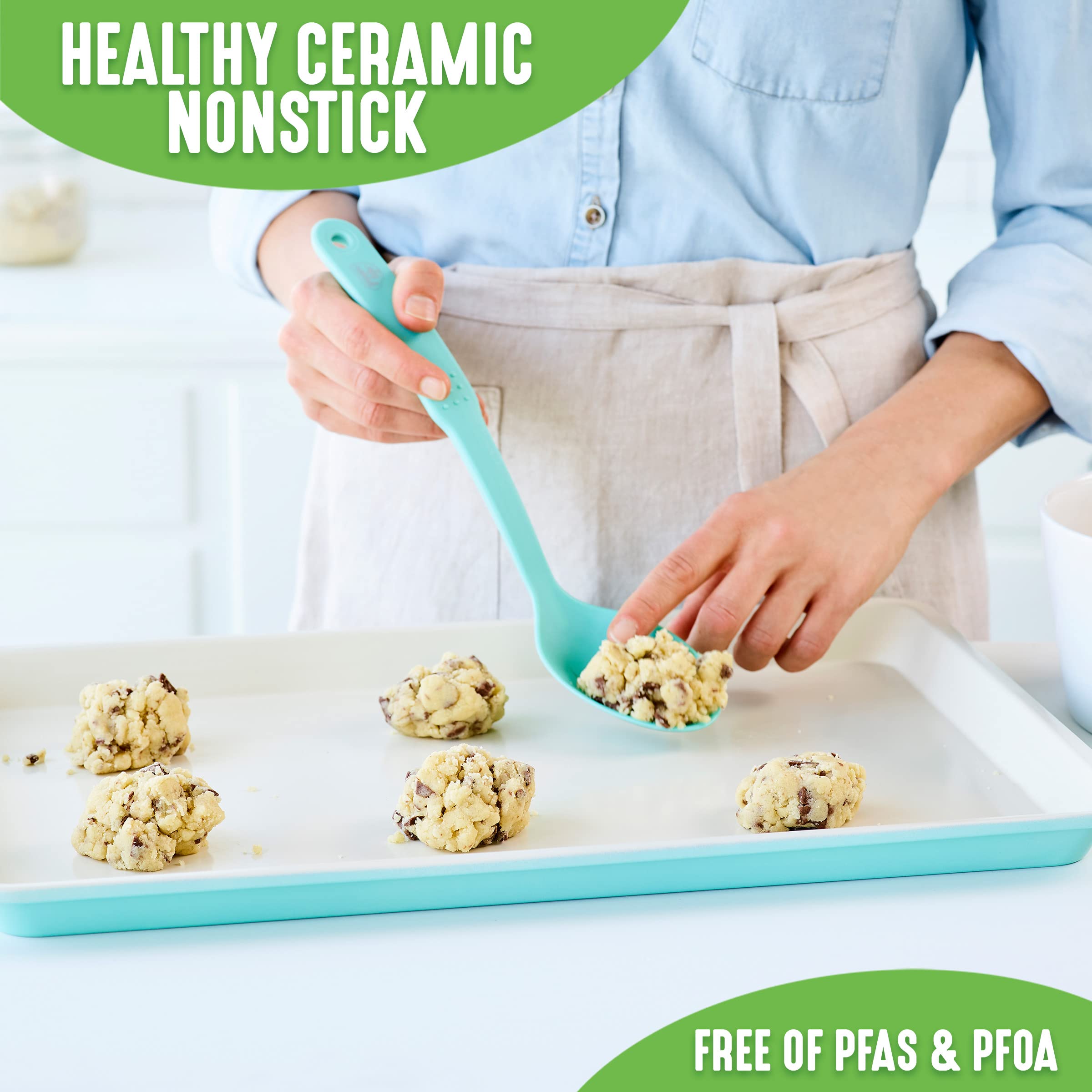 GreenLife Healthy Ceramic Nonstick 12-Piece Bakeware Set - Cookie Sheets, Muffin Pans, Cake & Loaf Pans with Utensils | PFAS-Free, Turquoise | Perfect for Baking Cookies, Cakes & Breads at Home
