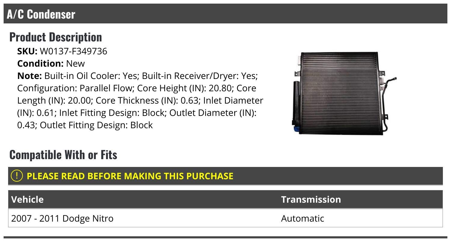 2007-2011 Dodge Nitro Automatic A/C Condenser with Built-in Oil Cooler & Receiver/Dryer - High Performance Replacement Part for Summer Cooling & Off-Road Adventures