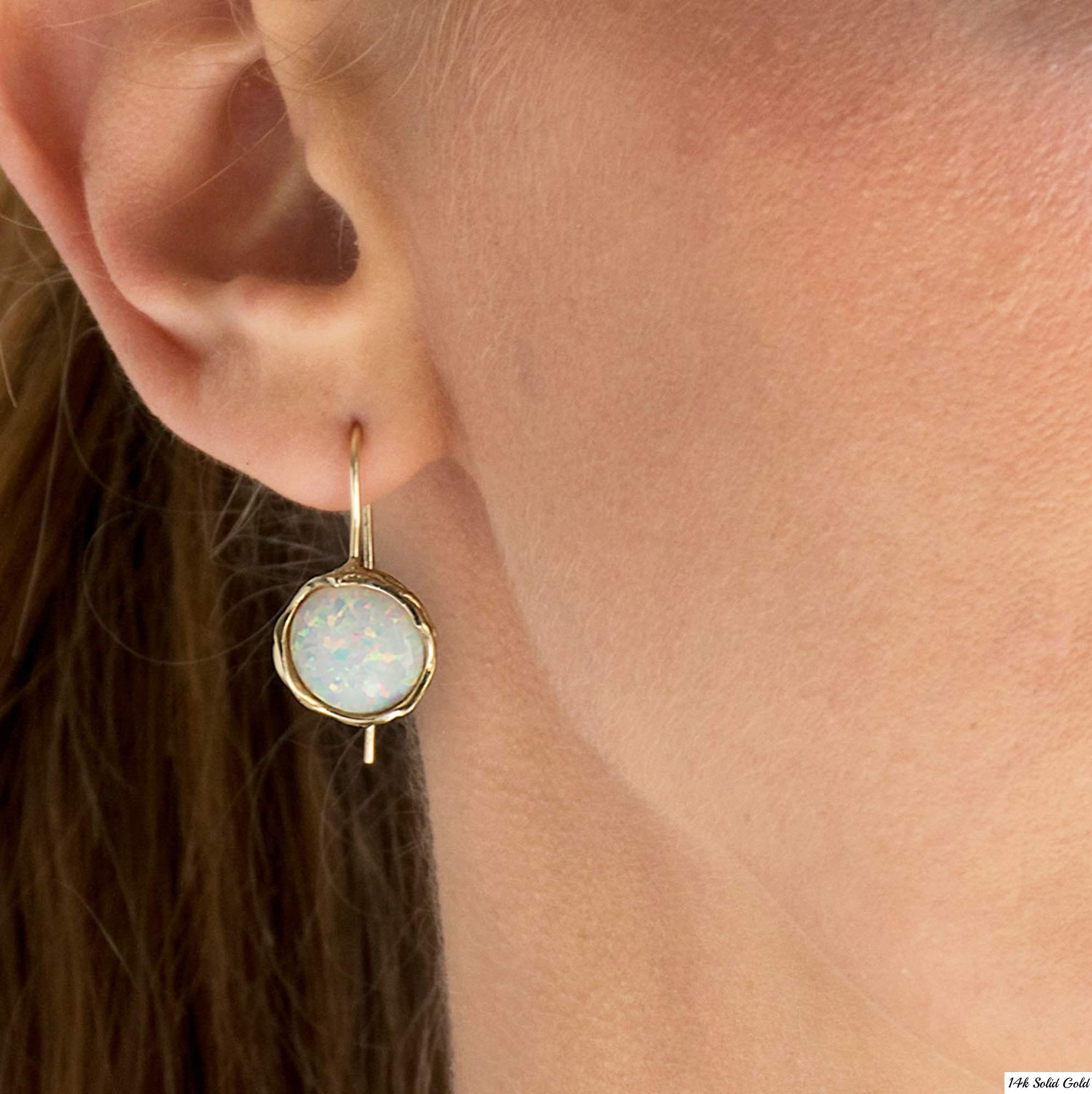14K Solid Yellow Gold White Opal Dangle Earrings for Women - Big Cabochon Stone Dainty Jewelry - Perfect Graduation, Birthday & Mother's Day Gift - Elegant Everyday Wear & Special Occasion Accessories