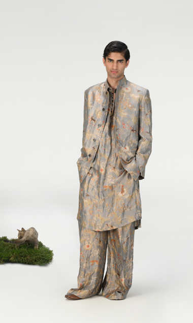 Elegant Bandhgala Silk Brocade Jacket - Monsoon Cloud Design - Perfect for Weddings & Festive Occasions
