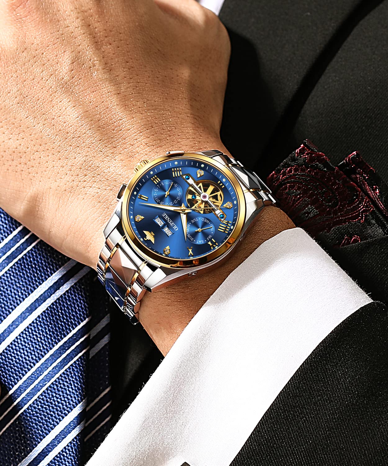 OUPINKE Men's Skeleton Automatic Mechanical Watch with Calendar - Sapphire Crystal, Tungsten Steel, Waterproof (100M) - Luxury Dress & Business Wristwatch for Formal Occasions & Everyday Wear