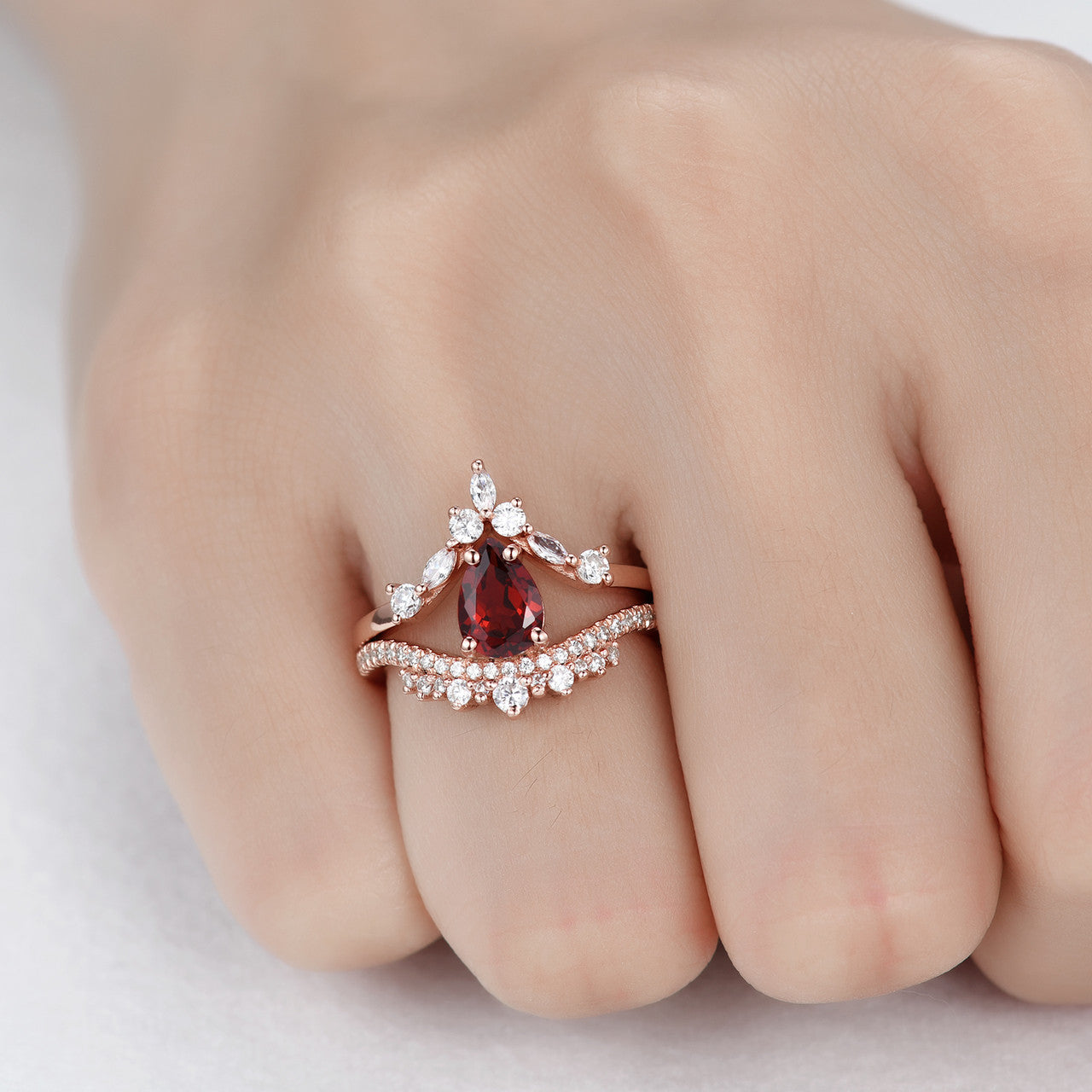 Elegant Pear Cut Garnet Promise Ring Set with Curved V Moissanite Wedding Band - Perfect for Engagement, Anniversary & Romantic Gifts