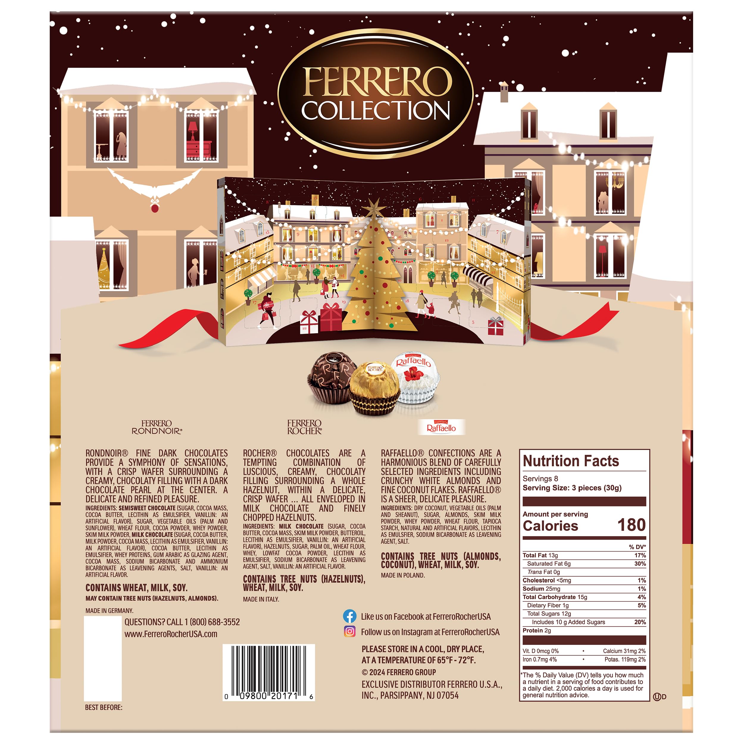 Ferrero Rocher 2024 Advent Calendar - 24-Piece Premium Chocolate Gift Box with Hazelnut, Milk, Dark & Coconut Chocolates (9.6oz) - Perfect for Christmas Countdown, Holiday Gifting & Chocolate Lovers