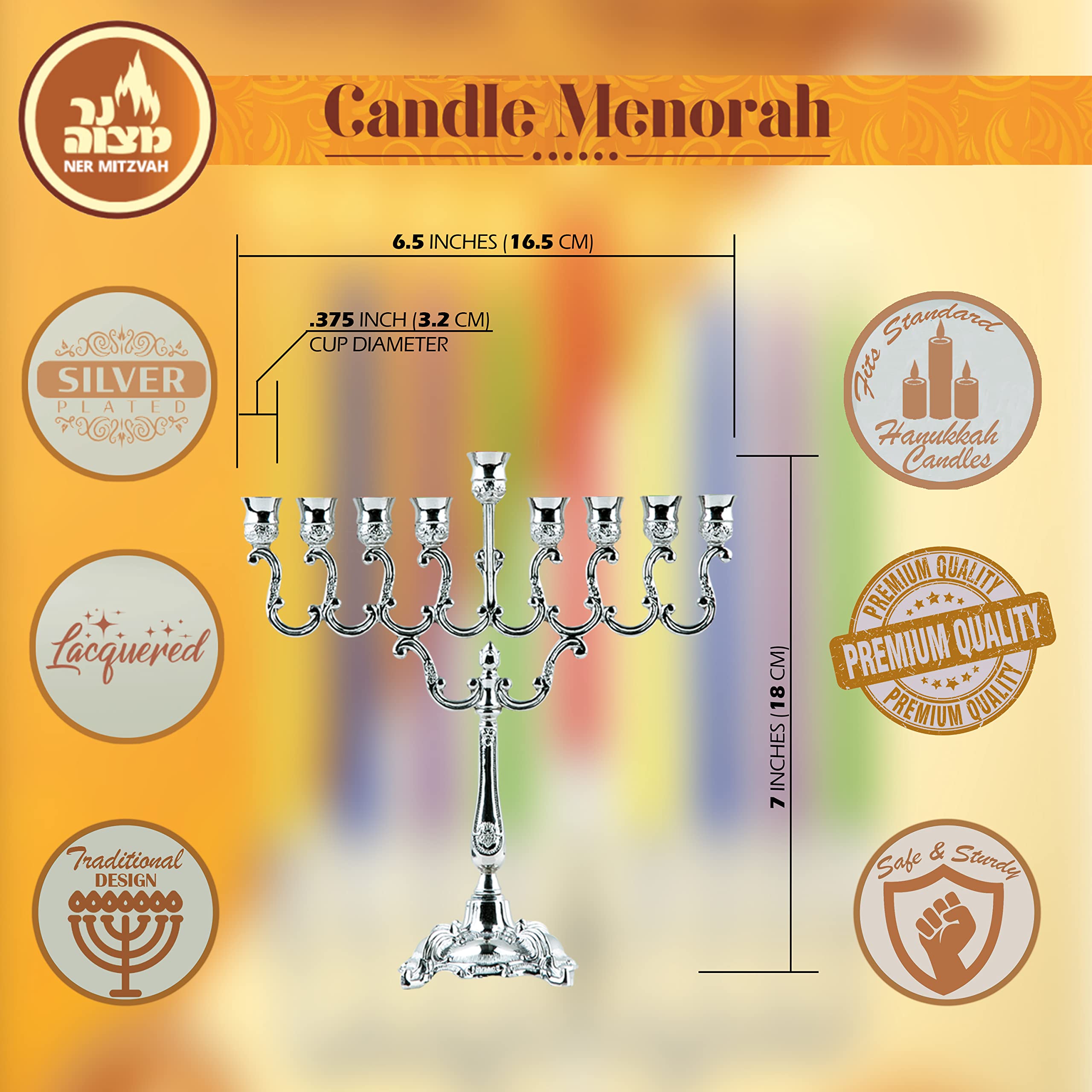 Silver Plated Hanukkah Menorah with Curved Branches - Holds Standard Hanukkah Candles (7.25
