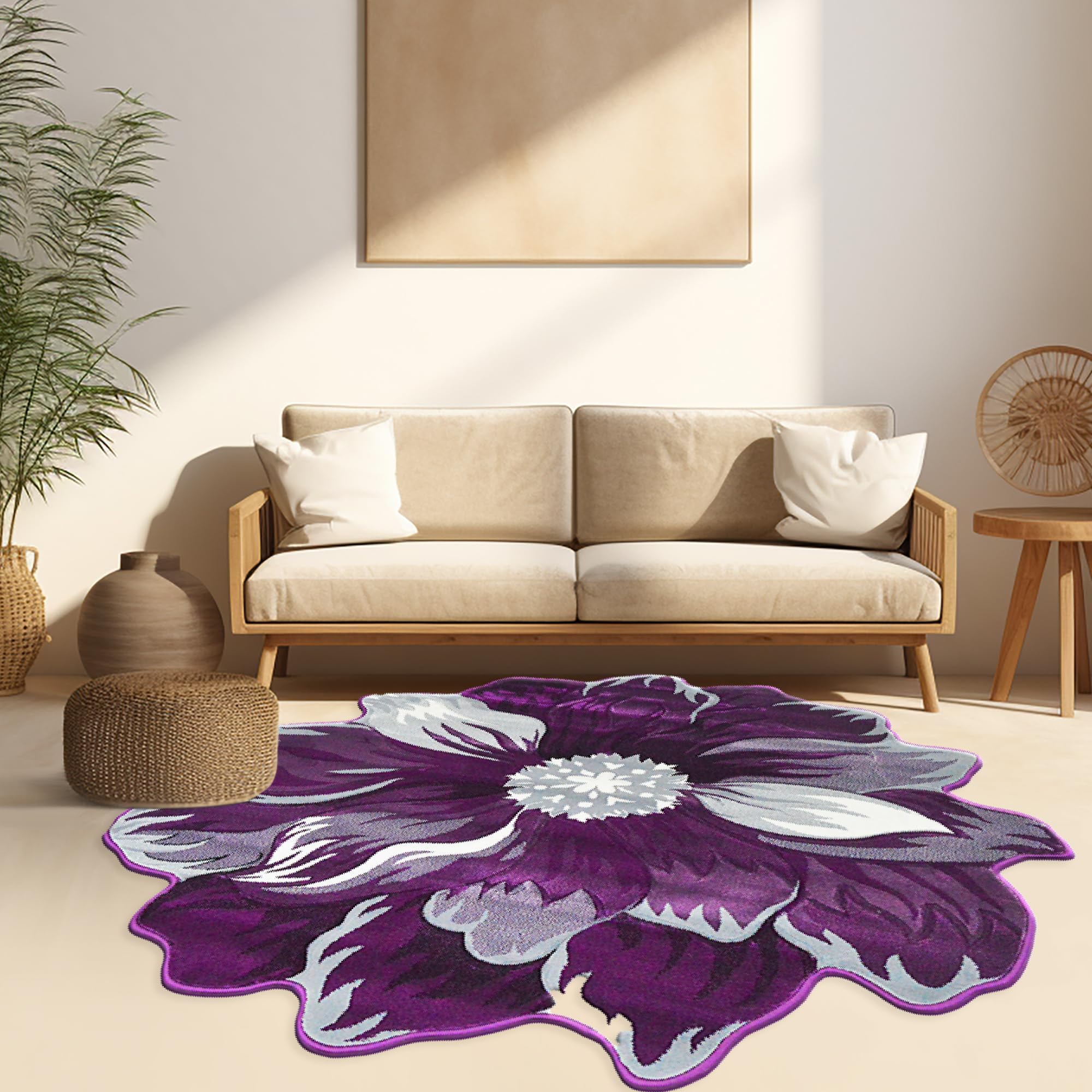 5ft Round Flower Shaped Area Rug - Soft Plush Circle Carpet for Bedroom, Living Room & Nursery - Girly Home Decor in 305 Purple - Perfect for Boho Chic Decor, Kids Play Area & Cozy Floor Seating