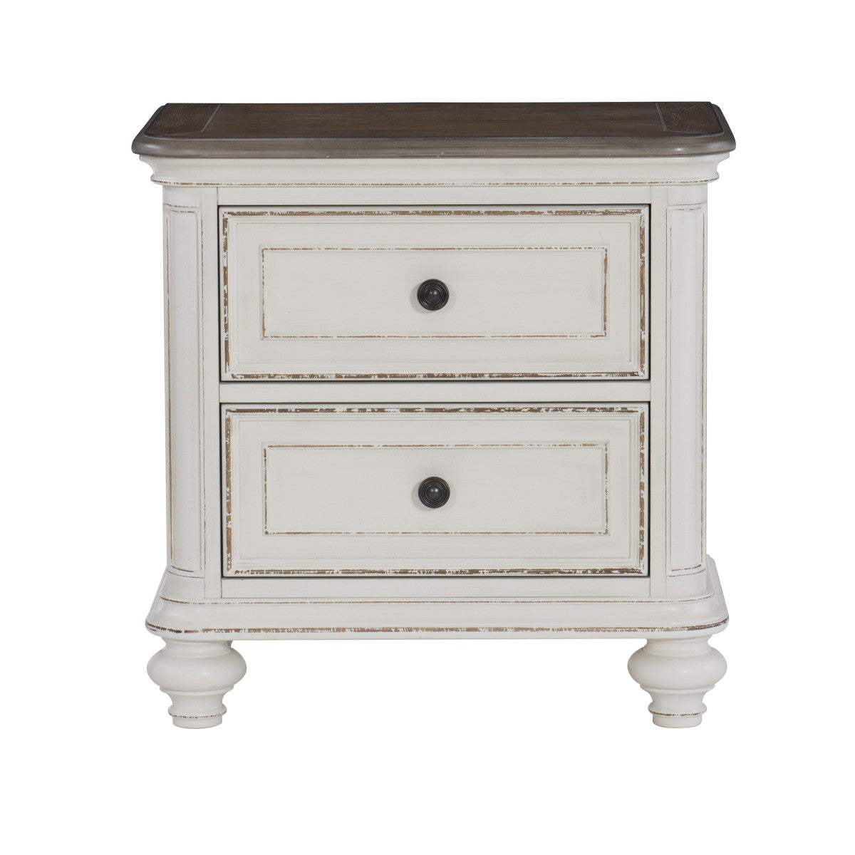 Antique White & Brown Gray Nightstand with USB Port & 2 Drawers - Solid Oak Veneer Bedside Table for Bedroom, Living Room, or Office
