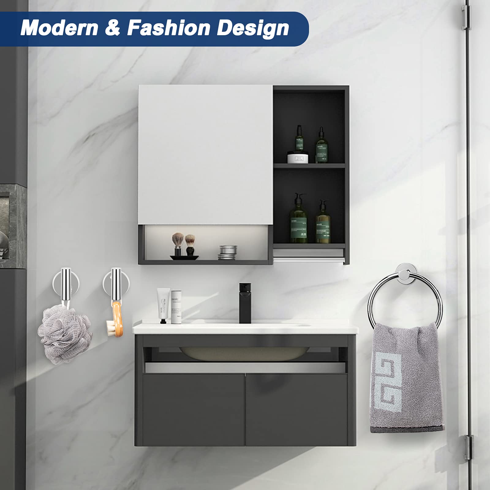NearMoon 3-Piece Stainless Steel Bathroom Hardware Set - Chrome Wall Mounted Towel Ring & 2 Hooks for Hand Towels & Robes | Perfect for Bathroom, Spa & Guest Room Organization
