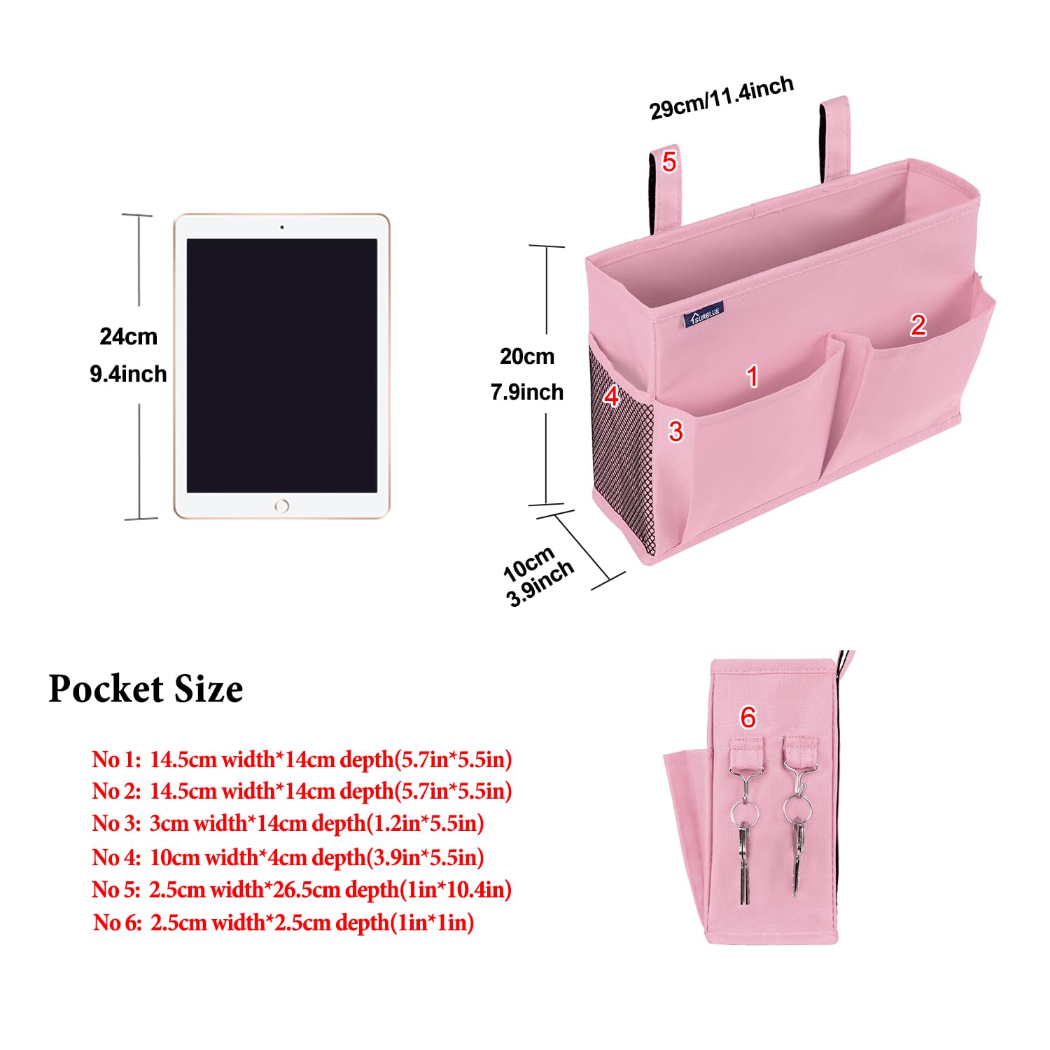 Surblue Hanging Bed Organizer - 8 Pocket Storage Bag for Bunk Beds, Hospital Beds & Dorm Rooms | Space-Saving Solution for Baby Bed Rails & Camping (Small, Pink) | Perfect for College Students, Parents & Travelers