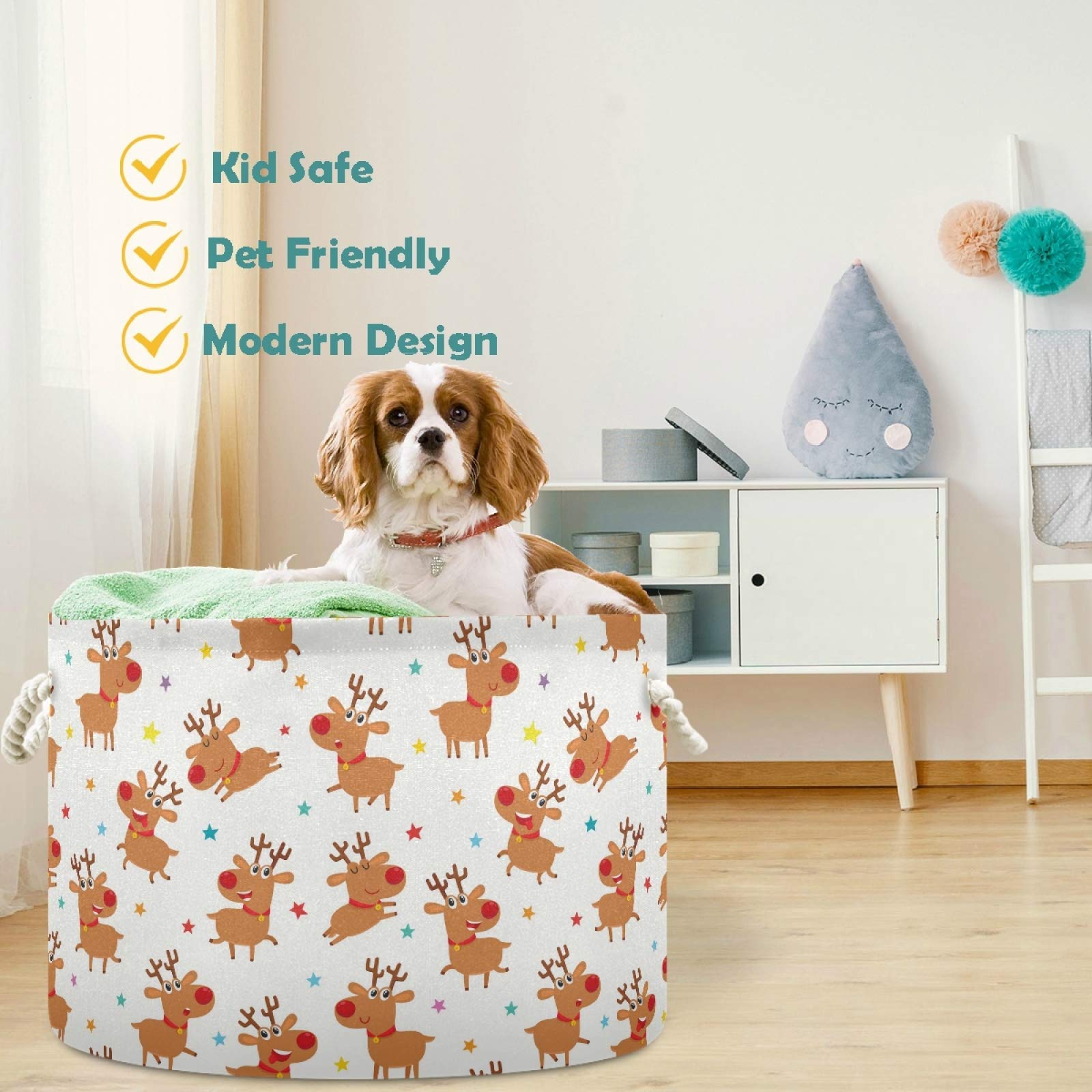 Visesunny Cute Christmas Deer Nursery Storage Basket - Canvas Fabric Toy Organizer Bin, Laundry Hamper for Kids Room, Playroom, Shelves | Perfect for Holiday Decor & Toy Storage