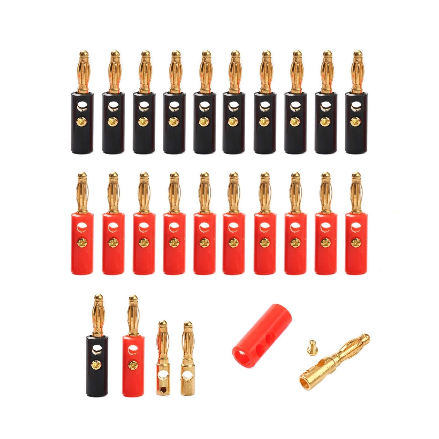 20Pcs 4mm Gold Plated Banana Plug Connector Kit - Black & Red Speaker Cable Adapters for Audio Equipment, Home Theater, PA Systems & DIY Electronics Projects