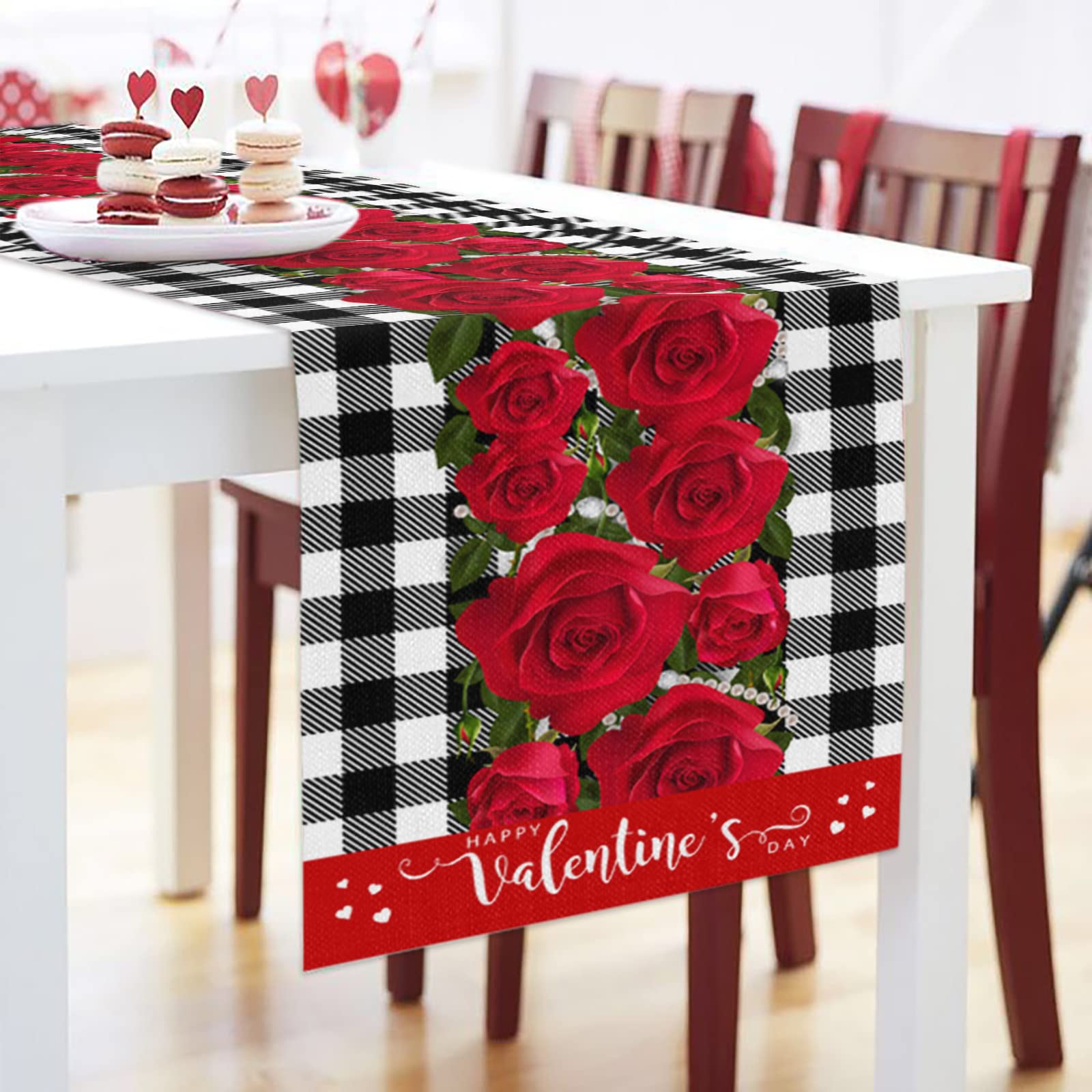 Valentine's Day Table Runner 18x72 Inch - Rose Buffalo Plaid Cotton Tablecloth for Wedding, Party & Home Decor - Coffee & Dining Table Scarf - Romantic Home Decoration for Valentine's, Anniversary & Special Occasions