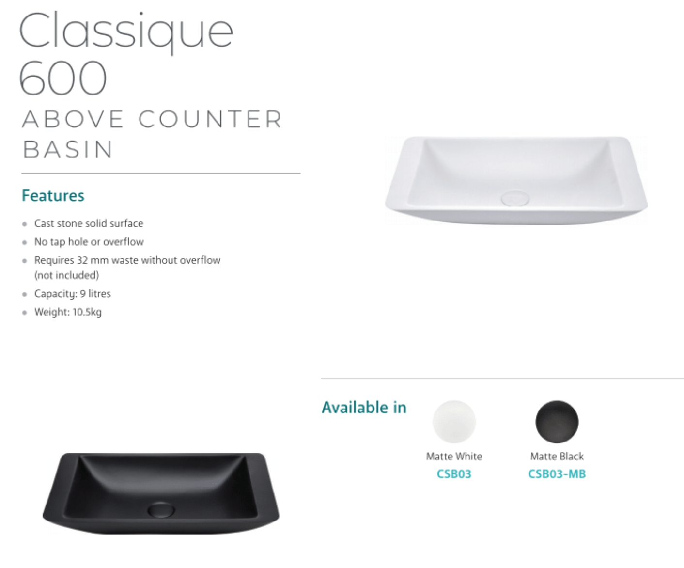 Fienza CSB03 MB Matte Black 600mm Solid Surface Above Counter Bathroom Basin - Perfect for Modern Vanities and Contemporary Bathroom Designs