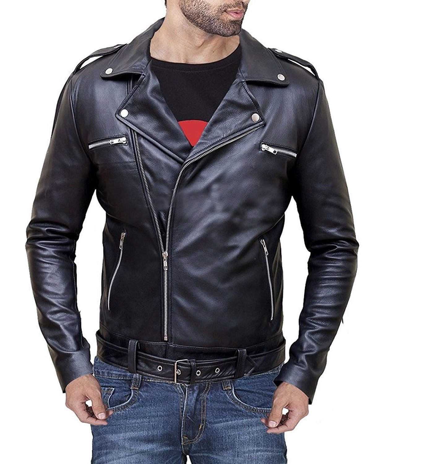 Negan Jacket Walking Dead Season 7 - Jeffrey Dean Morgan Black Biker Leather Jacket for Cosplay & Halloween Costume