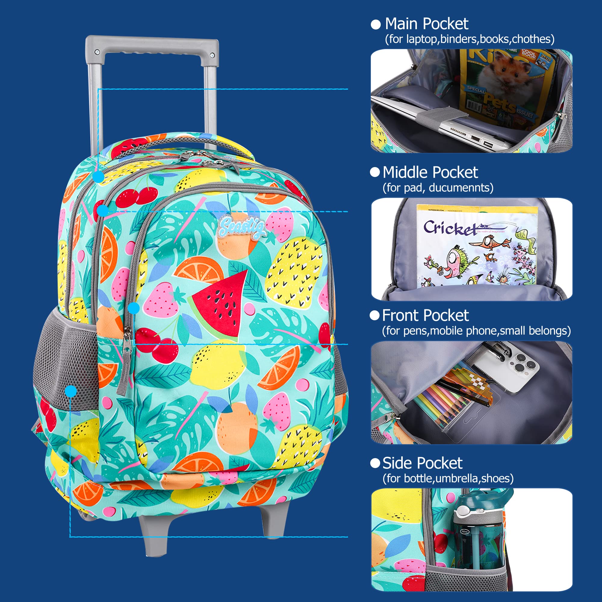 Seastig Kids Rolling Backpack with Wheels - 18 Inch Wheeled School Backpack with Double Handle for Boys & Girls | Perfect for Travel, School & Daily Use