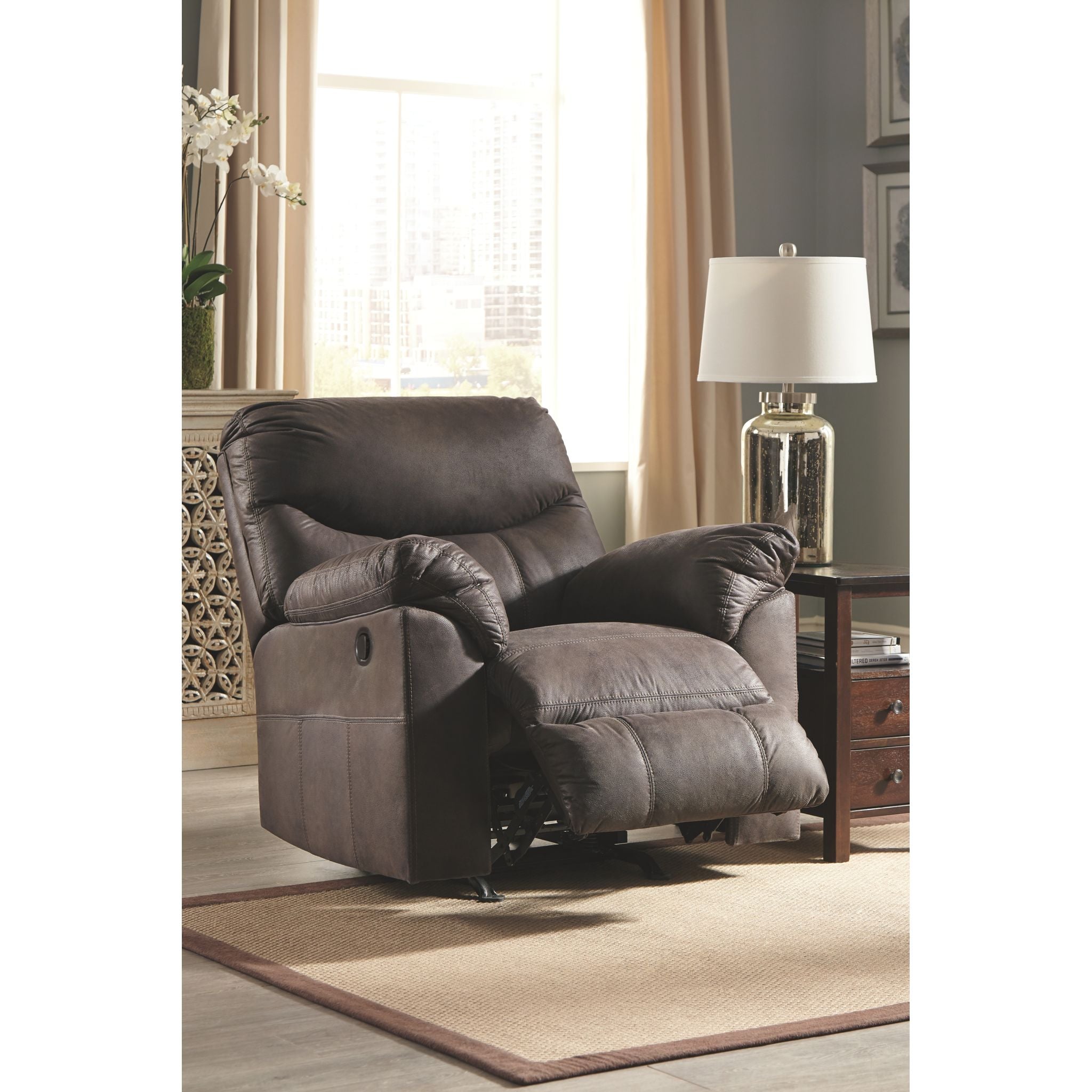 Boxberg Rocker Recliner Chair - Teak Wood Rocking Recliner with Padded Cushions - Perfect for Living Room, Nursery, or Patio Relaxation