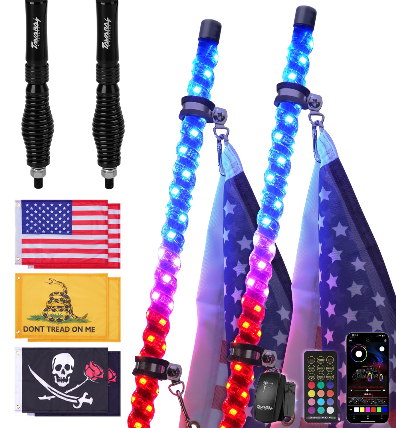 2PCS 4FT LED Whip Lights with Spring Base - App & Remote Controlled Waterproof 360° Spiral Chasing Lights for UTV, ATV, SXS, Polaris RZR - Perfect for Off-Road Adventures, Night Rides & Desert Racing