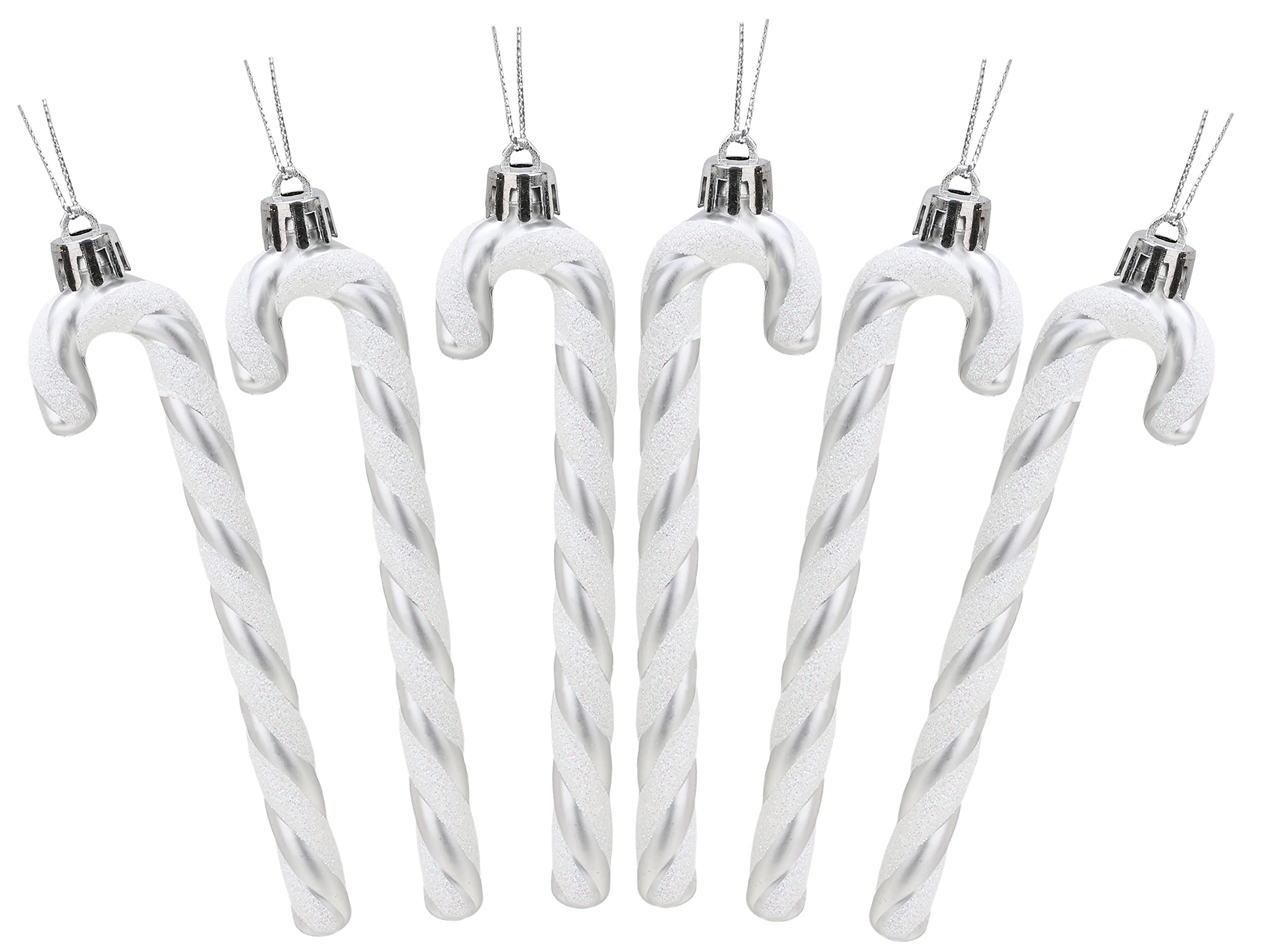 Christmas Tree Decorations - Pack of 6 Glitter Candy Cane Ornaments (13cm, Silver & White) for Holiday Home Decor, Xmas Party & Gift Giving