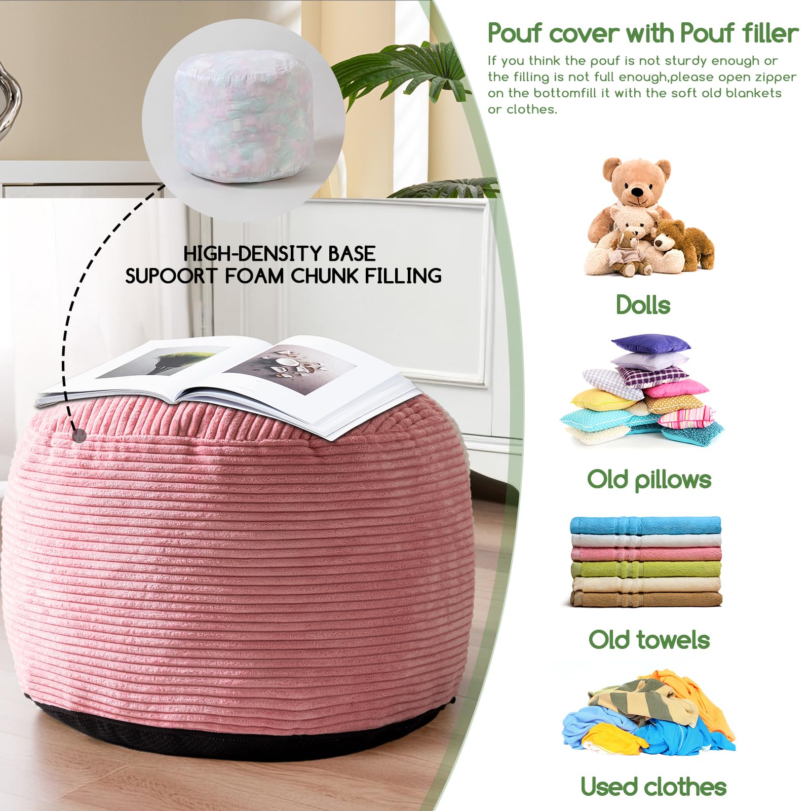 MAXYOYO Round Stuffed Pouf Ottoman - 20 x 15 Inch Corduroy Footrest with Foam Chunk Filling, Pink | Perfect for Living Room, Bedroom & Nursery Decor