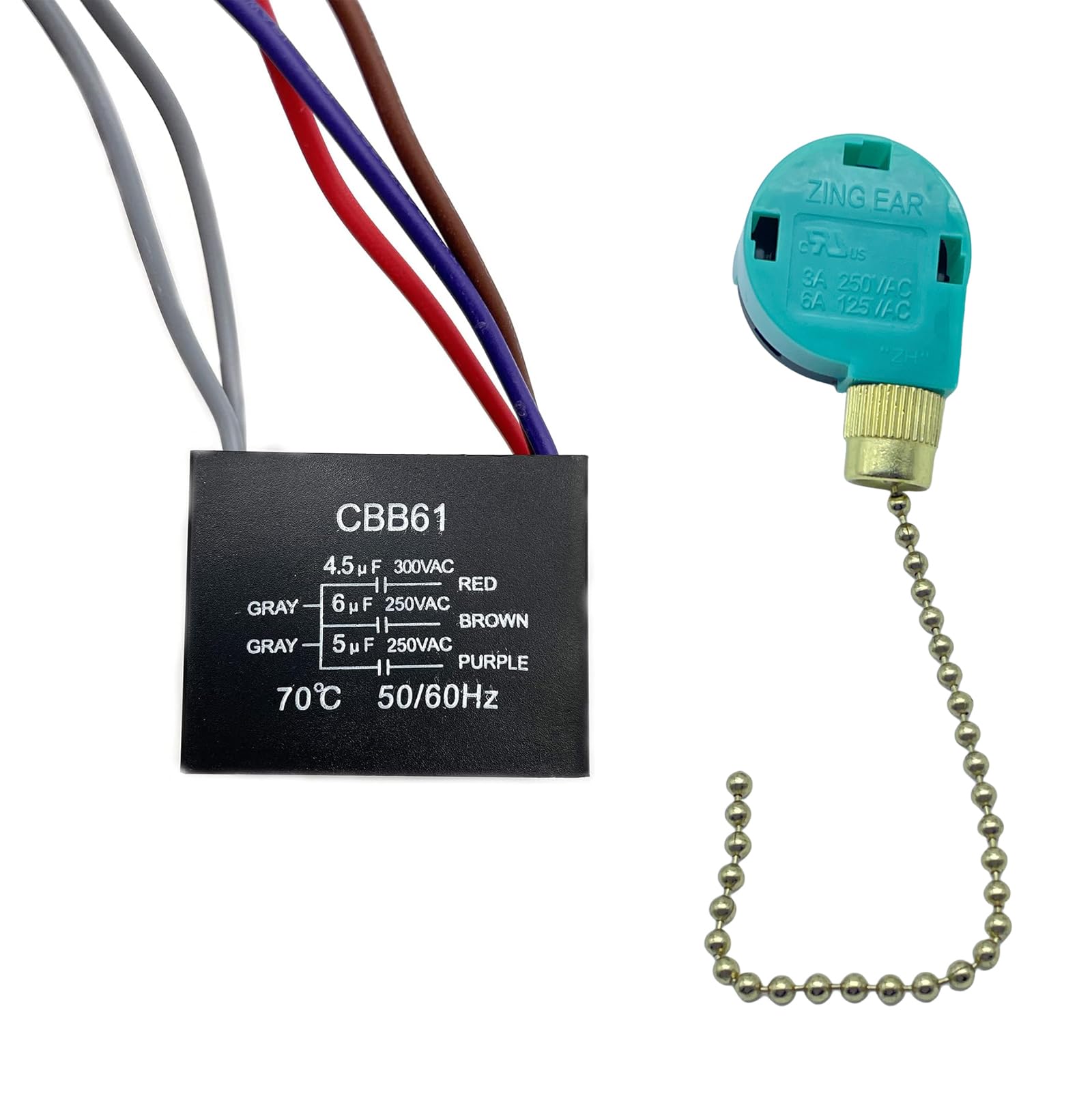High-Quality CBB61 Ceiling Fan Capacitor 4.5uf + 6uf + 5uf 5-Wire 250V & 3-Speed 4-Wire Pull Chain Switch with Light Control - Perfect for Home, Office, and Bedroom Ceiling Fan Repairs and Upgrades