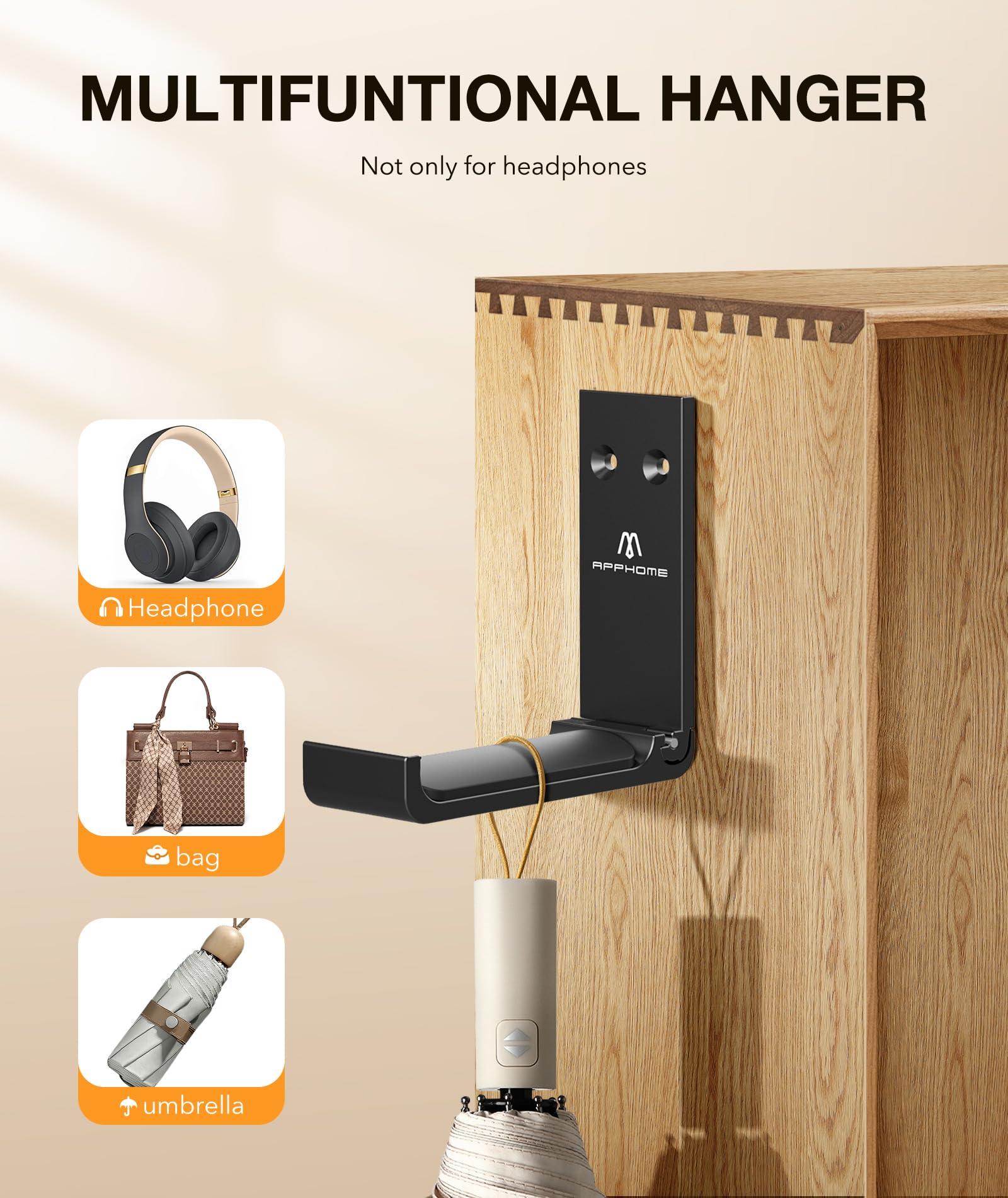 Foldable Aluminum Headphone Stand Hanger - Space Saving Wall Mount Hook for Gaming Headsets with Strong Adhesive (Black) - Perfect for Home Office, Gaming Setup & Workspace Organization