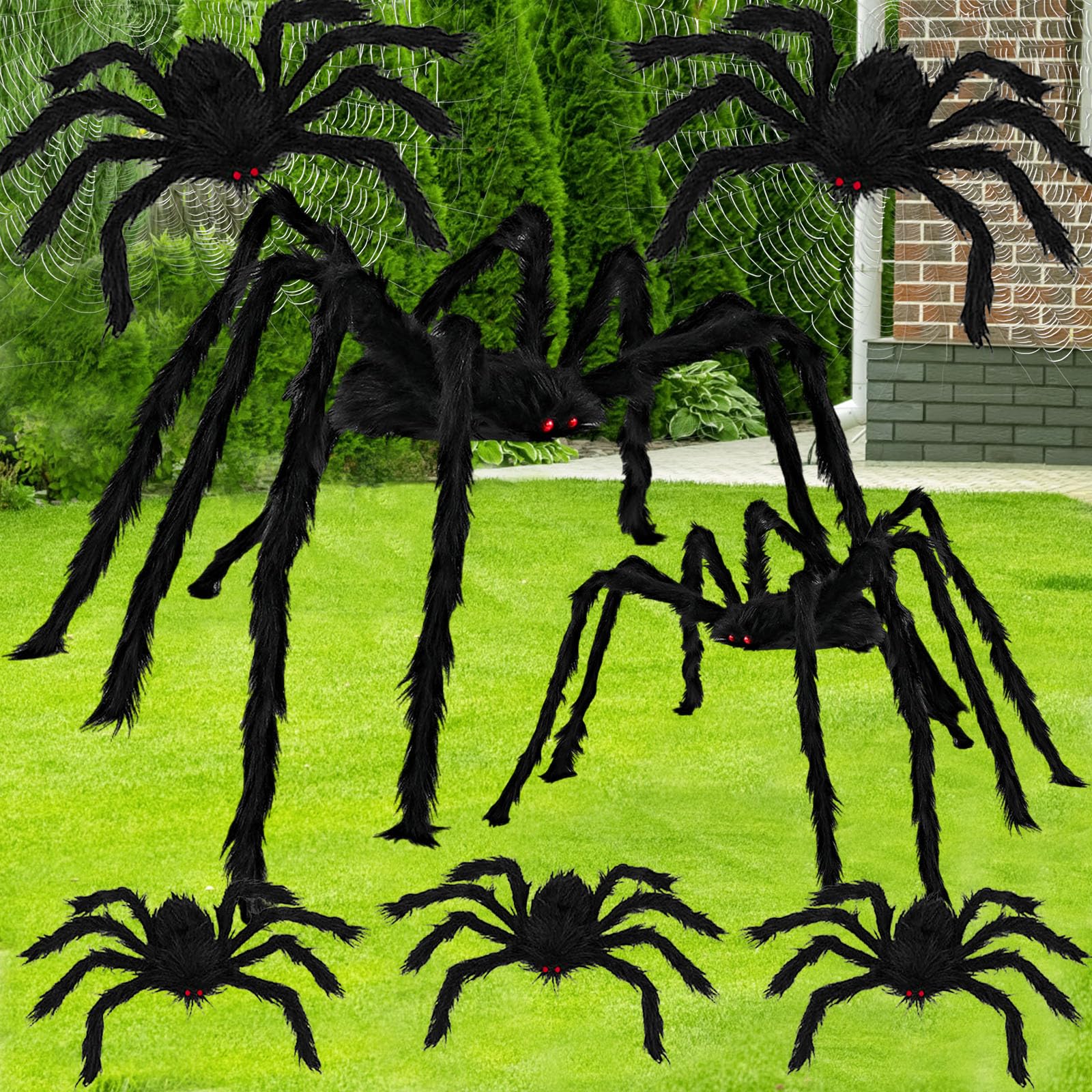 7 Pack Giant Halloween Spiders - Scary Large Hairy Fake Spiders for Outdoor Halloween Decorations, House Party Supplies (Spider Web Not Included) - Perfect for Front Yard Scare, Haunted House Props & Halloween Party Decor