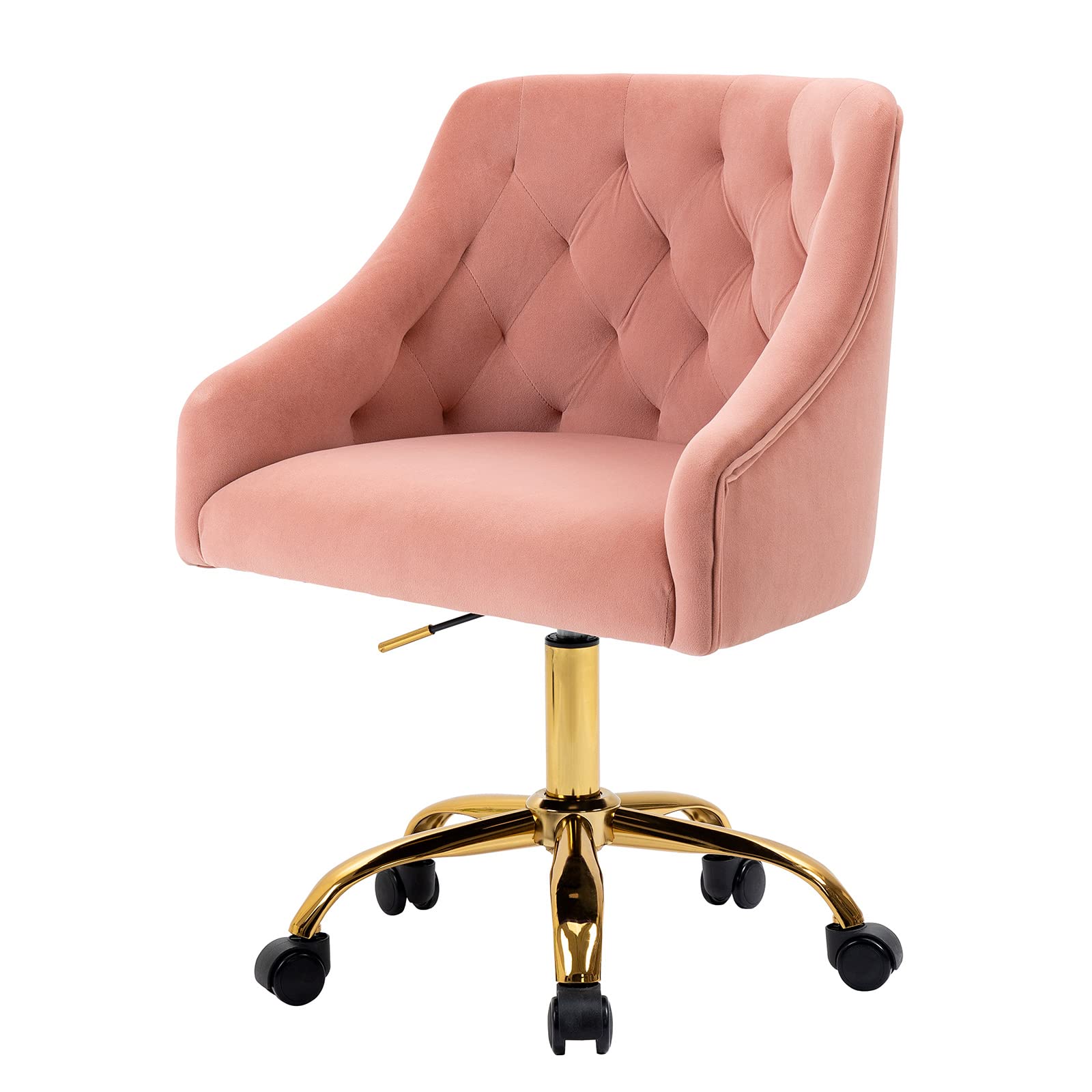 Luxury Velvet Swivel Office Chair with Gold Base - 360° Rotation & Height Adjustable - Pink Fabric Desk Chair for Women - Perfect for Home Office, Reception, and Vanity Areas
