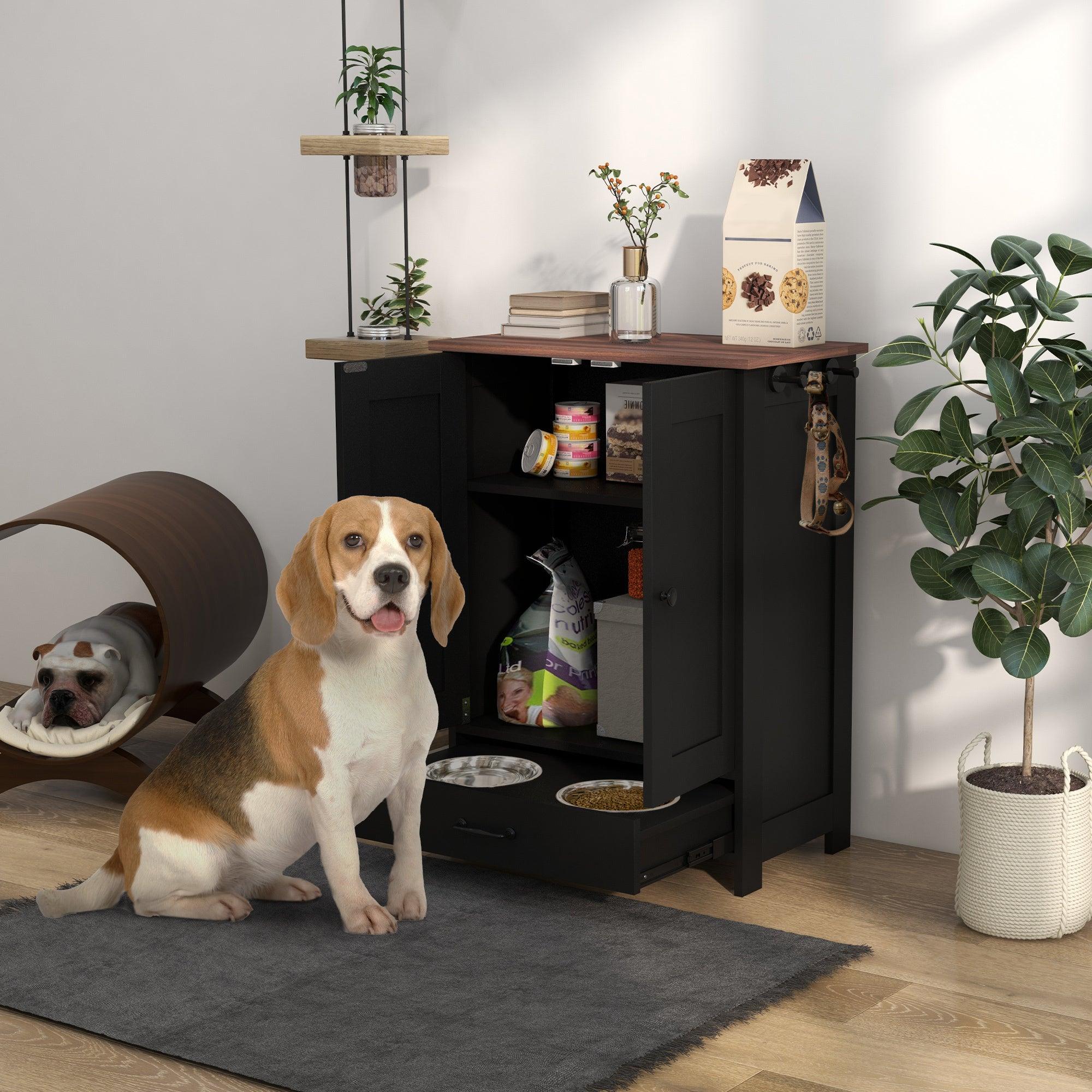 Premium Dog Feeding Station with Hidden Bowls & Adjustable Panel - Food Storage Cabinet for Medium Dogs with Hooks - Black - Perfect for Kitchen, Laundry Room or Pet Corner Organization