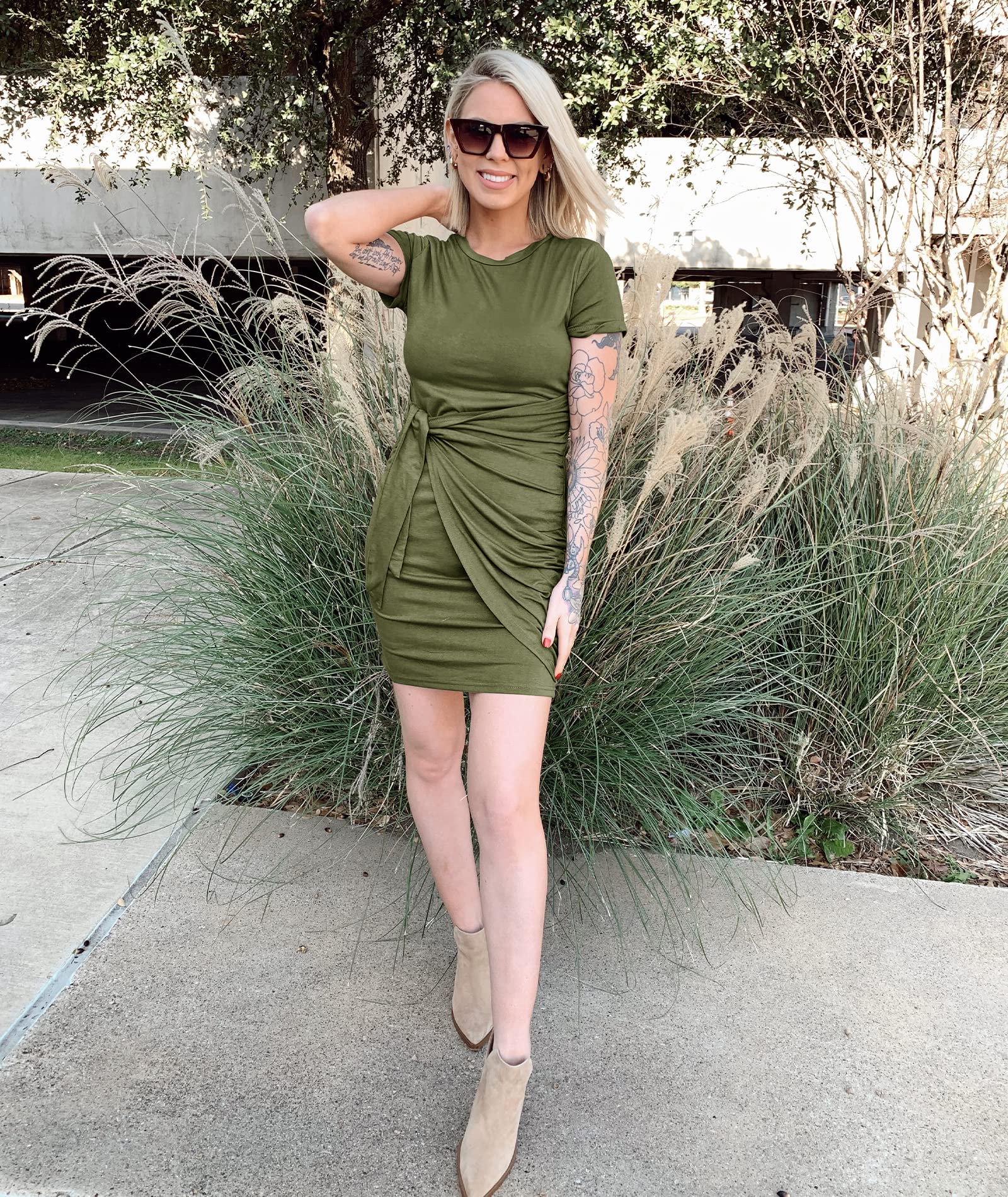 BTFBM Women's 2025 Spring Summer Casual Ruched Bodycon Tank Dress - Tie Waist Short Sleeve Mini T-Shirt Dress for Beach, Sun, Party & Vacation Outfits