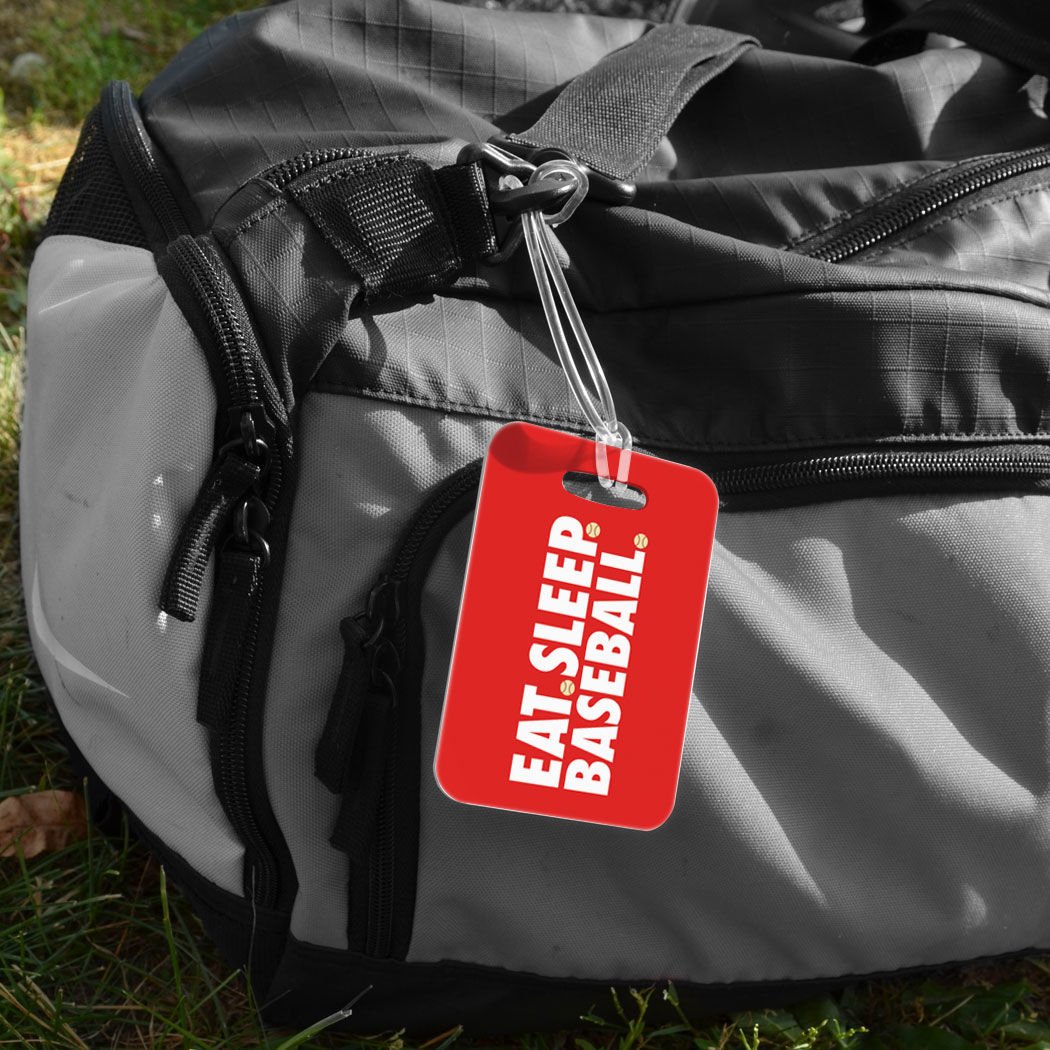 Custom Baseball Luggage Tag - Personalized Eat Sleep Baseball Bag Tag with Info on Back - Medium Size in Red - Perfect for Travel, Sports Fans & Baseball Enthusiasts