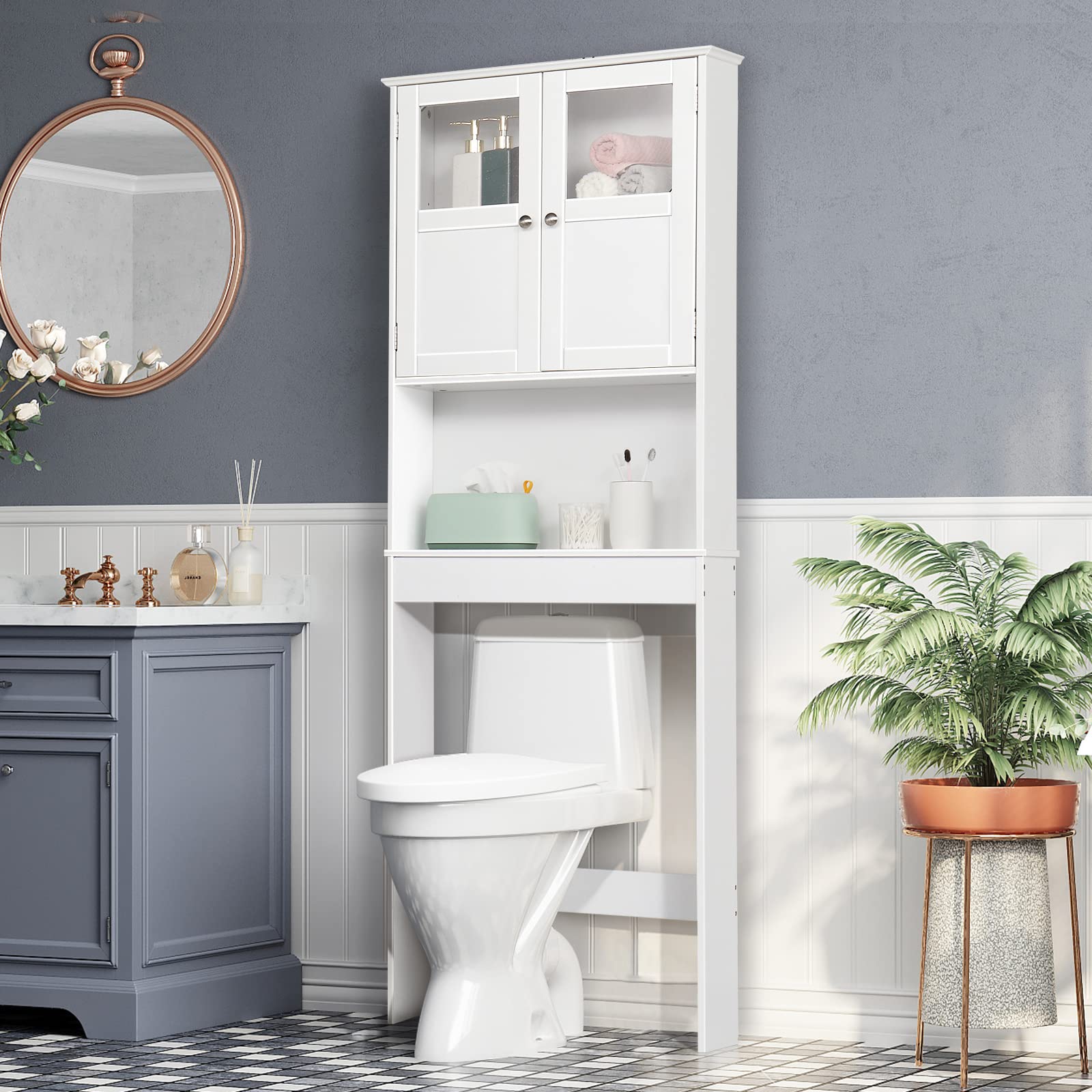 Bonnlo Over The Toilet Storage Cabinet with Adjustable Shelf - White Bathroom Floor Organizer with Double Doors, 67