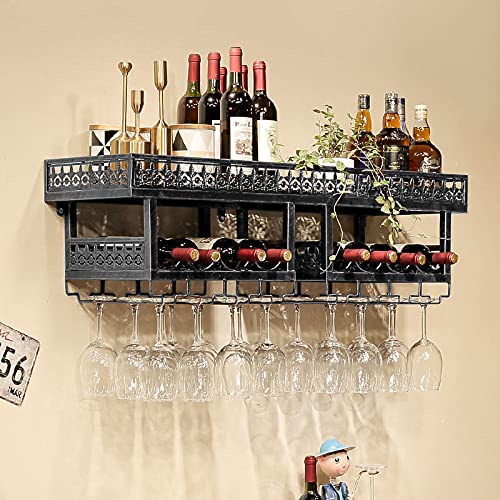 2-Tier Wall Mounted Metal Wine Rack - Industrial Retro Hanging Shelf for Wine Bottles & Glasses - Space-Saving Kitchen/Bar Storage Solution - Perfect for Small Spaces, Apartments & Home Decor (Black)