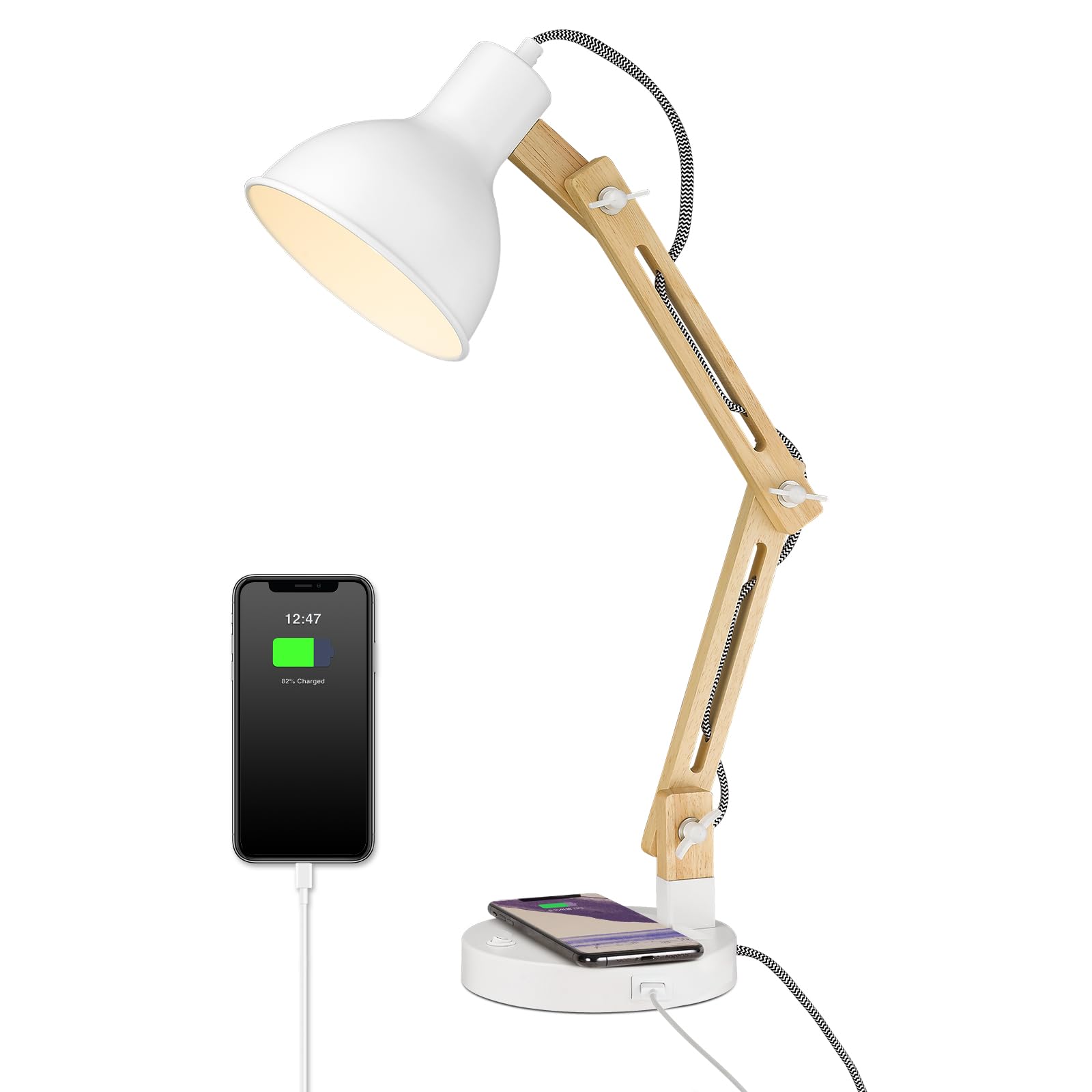 ELYONA White Desk Lamp with Wireless Charger & USB-C Port - Solid Wood Swing Arm LED Task Light (5W) for Reading, Studying - Perfect for Office, College Dorm, Bedroom, Living Room & Farmhouse Decor