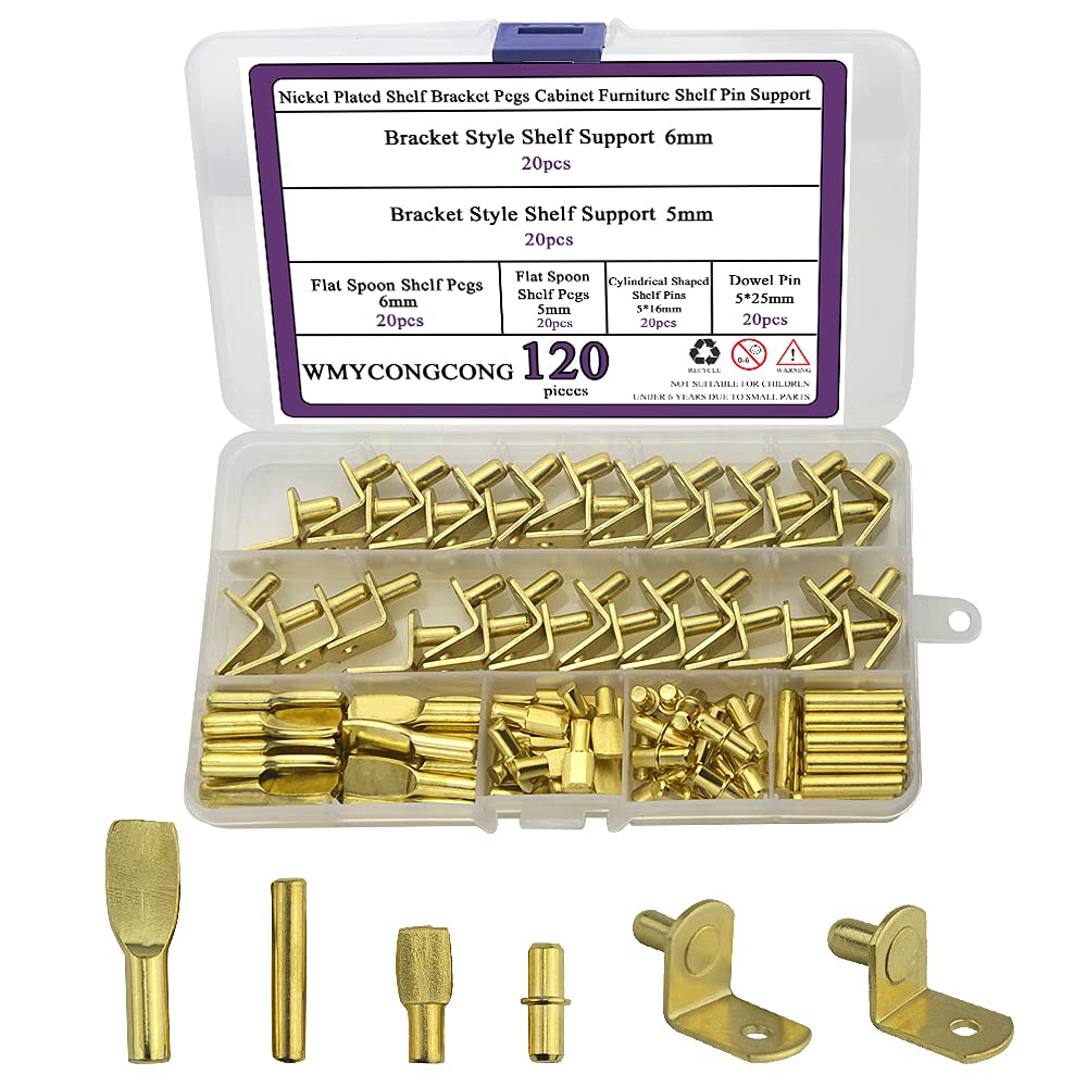 WMYCONGCONG 120-Piece Shelf Bracket Pins Assortment Kit - 4 Styles Metal Nickel Plated & Gold Cabinet Pegs for Furniture, Wardrobe, Bookshelf, Closet & Kitchen Shelving | Perfect for Home Office Organization & DIY Wood Shelf Support