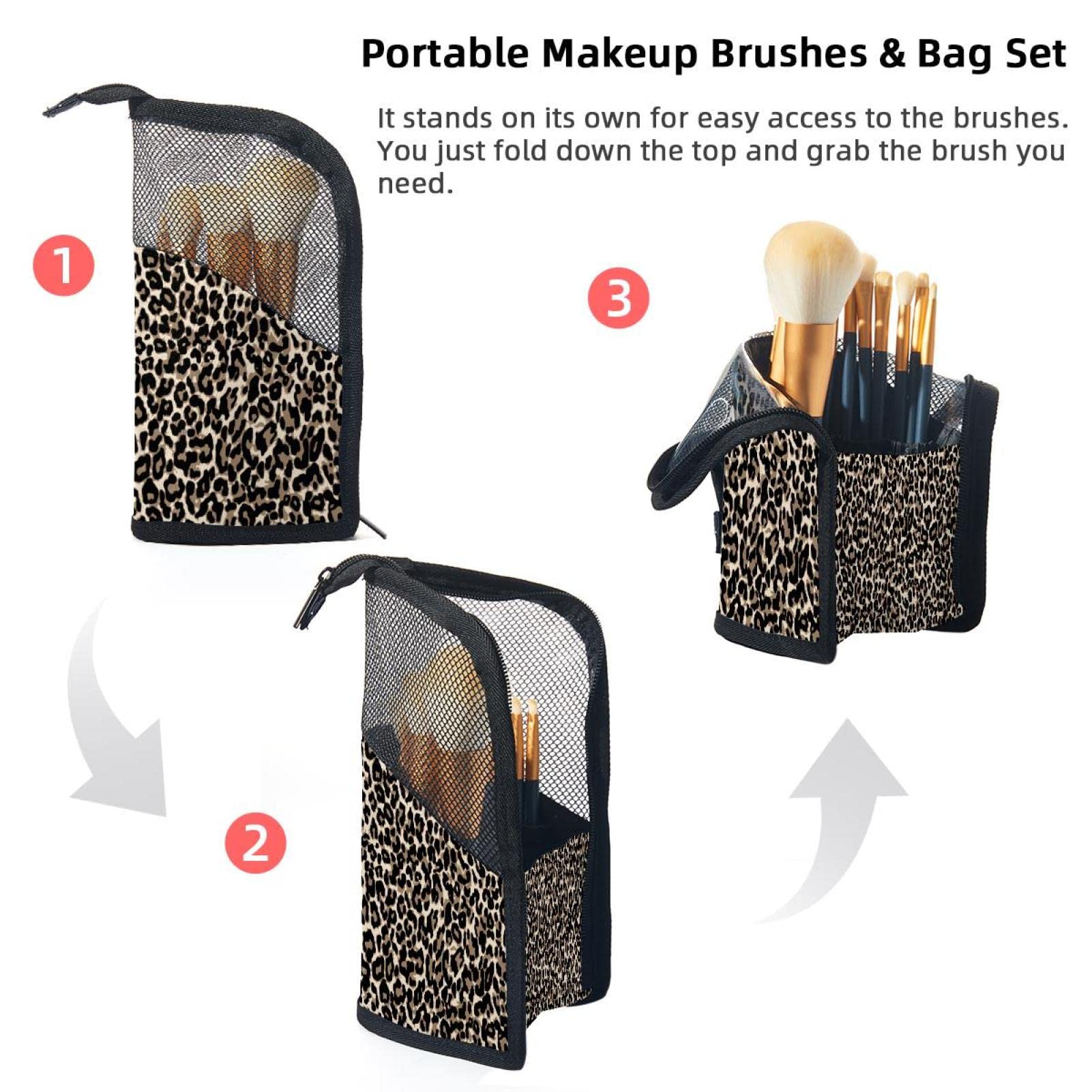 Premium 12-Piece Makeup Brush Organizer Bag with Leopard Print - Portable Cosmetic Brush Holder Case for Travel, Home Vanity & Professional Makeup Artists