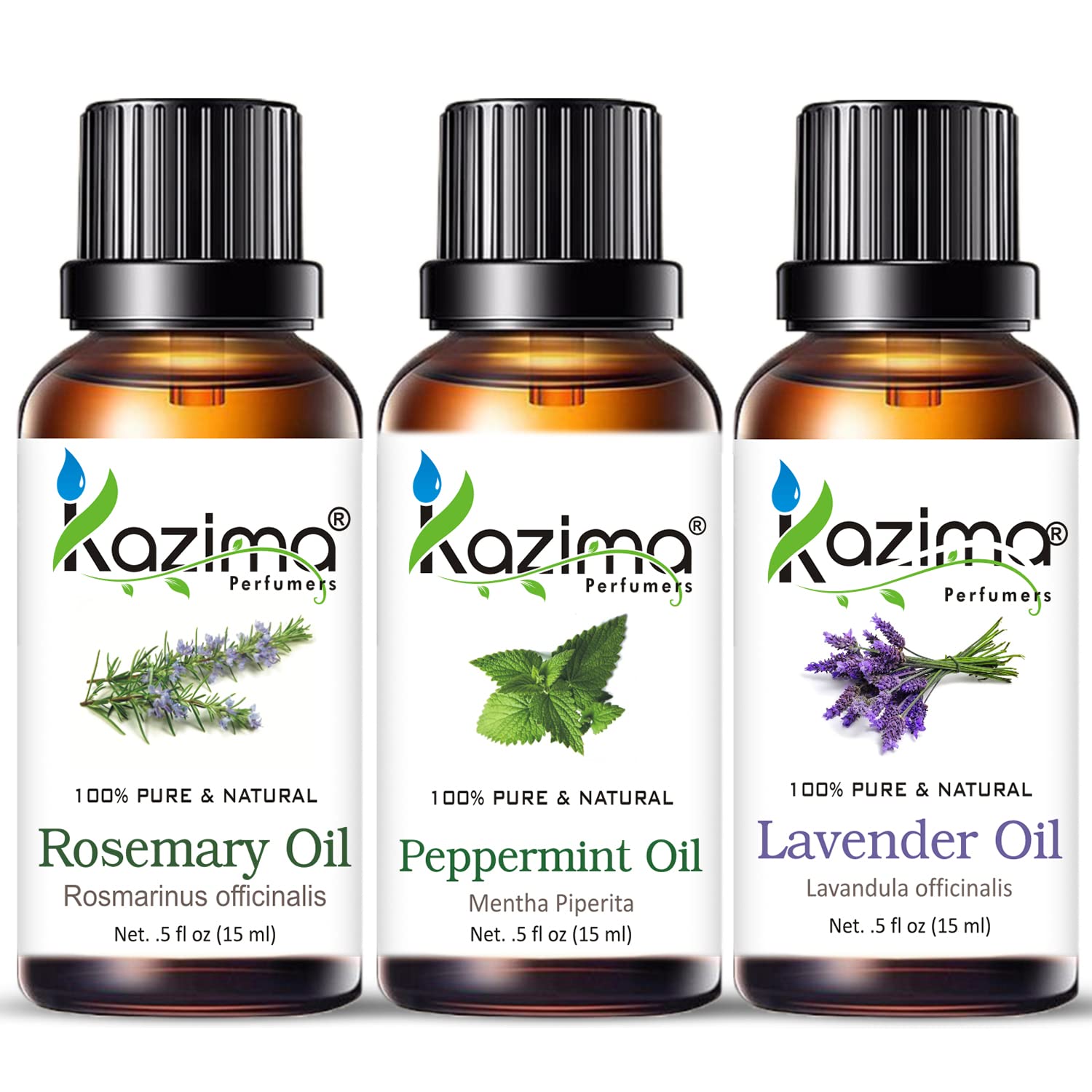 KAZIMA Essential Oils Set - 100% Pure Rosemary, Peppermint & Lavender Oil for Aromatherapy, Massage & DIY (3-Pack, 15ml Each) | Relaxation, Stress Relief & Skin Care