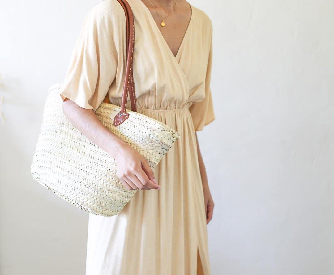 French Straw Basket Bag with Leather Handles - Stylish Beach Tote, Market Shopping Basket & Wicker Handbag for Women | Perfect for Beach Outings, Picnics & Farmers Market Trips