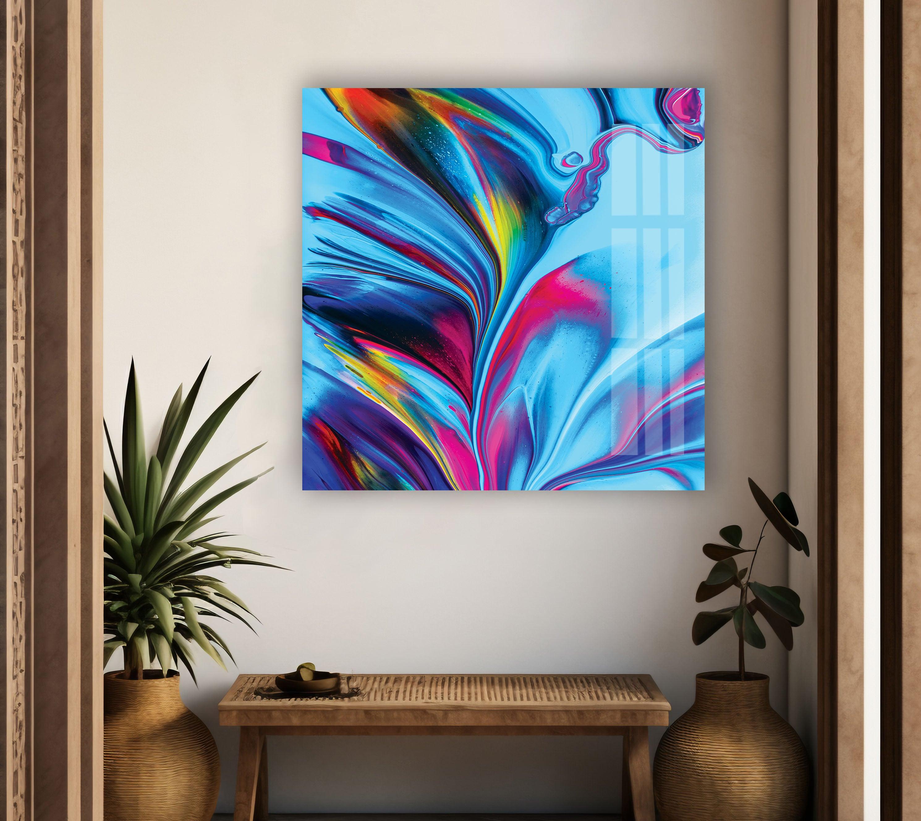 Blue and Red Abstract Glass Wall Art - Modern Handmade Decor for Living Room, Bedroom & Office - Perfect for Home & Office Decorations