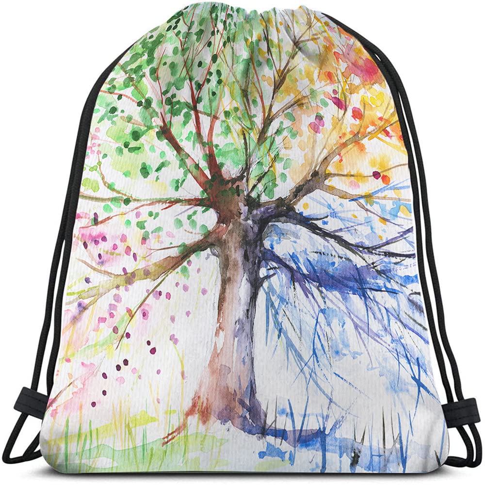 Four Season Tree of Life Drawstring Backpack - Colorful Nature Art with Big Branch Leaves Design - Sport Gym Sack & Yoga Bag for Men & Women - Perfect for Outdoor Activities, Gym, Yoga, and Travel