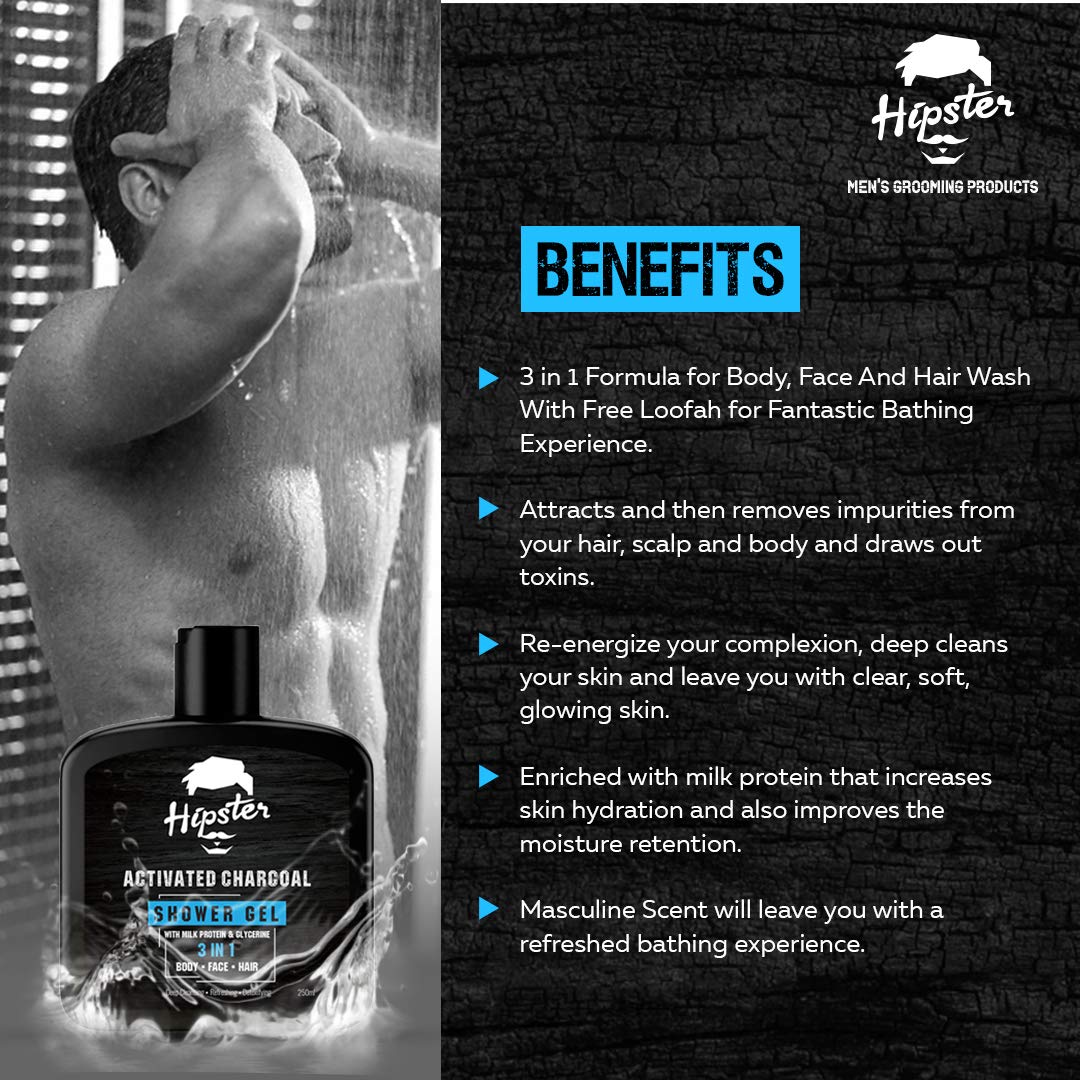 Activated Charcoal 3-in-1 Body Wash & Shower Gel (250ml) - Deep Cleansing for Face, Hair & Body with Charcoal, Milk Protein & Glycerin | Includes Free Loofah | Made in India | Perfect for Detoxifying Skin & Removing Impurities
