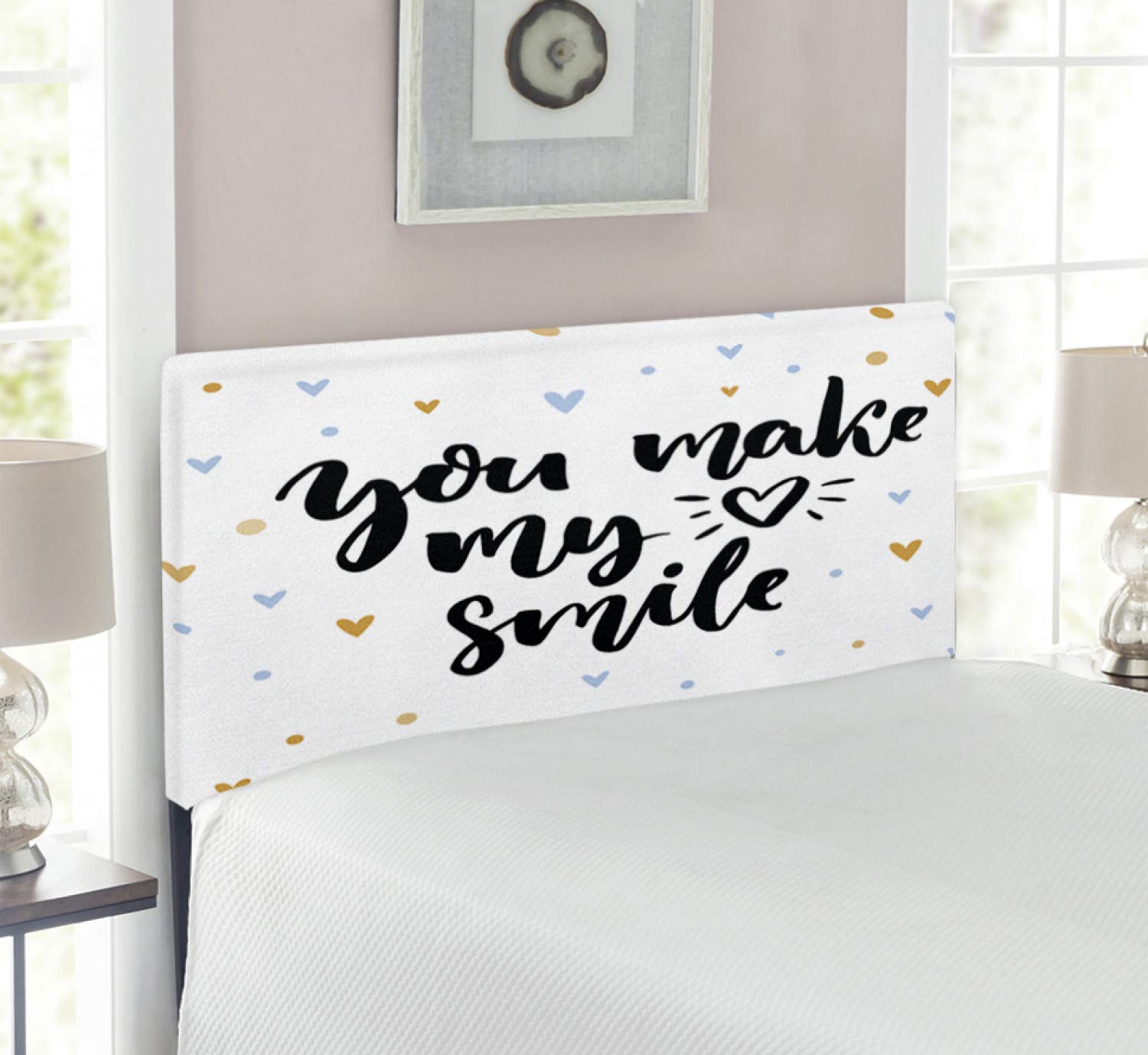 Ambesonne Upholstered Metal Headboard with Memory Foam - 'You Make My Heart Smile' Love Lettering Print, Twin Size in Black & Blue - Perfect for Romantic Bedroom Decor & Couples' Master Bedroom