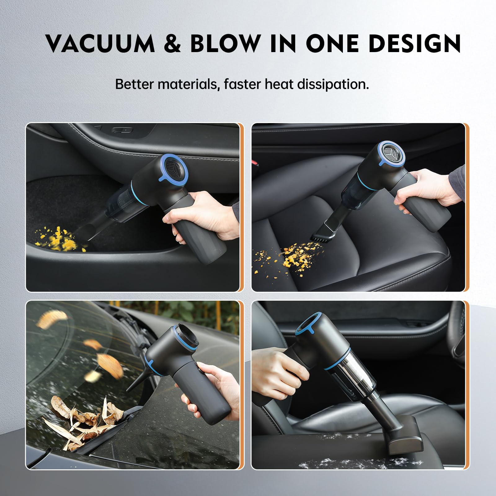 4-IN-1 Cordless Car Vacuum Cleaner - 12000Pa Powerful Handheld Vacuum with Air Blower for Car, Home & Pet Hair - Portable Mini Vacuum with LED Light, Dual Filtration & Multi Nozzles (Blue) - Perfect for Car Detailing, Home Cleaning & Pet Grooming