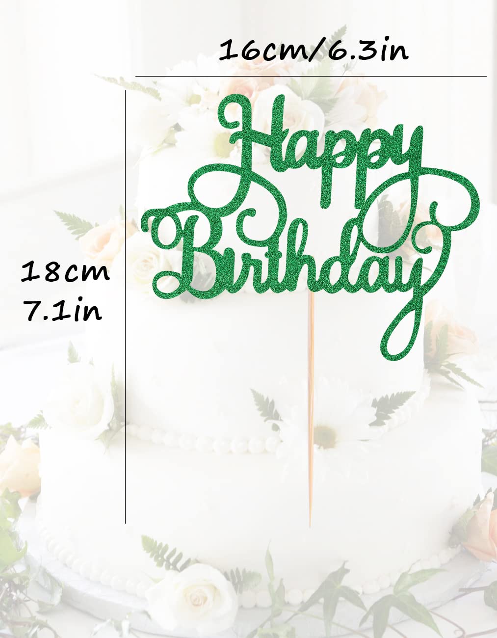 Green Glitter Happy Birthday Cake Topper & Bunting Decor - Anniversary Party Cake Decoration Supplies for Photo Booth Props - Perfect for Birthday Cakes, Wedding Anniversaries & Celebration Parties
