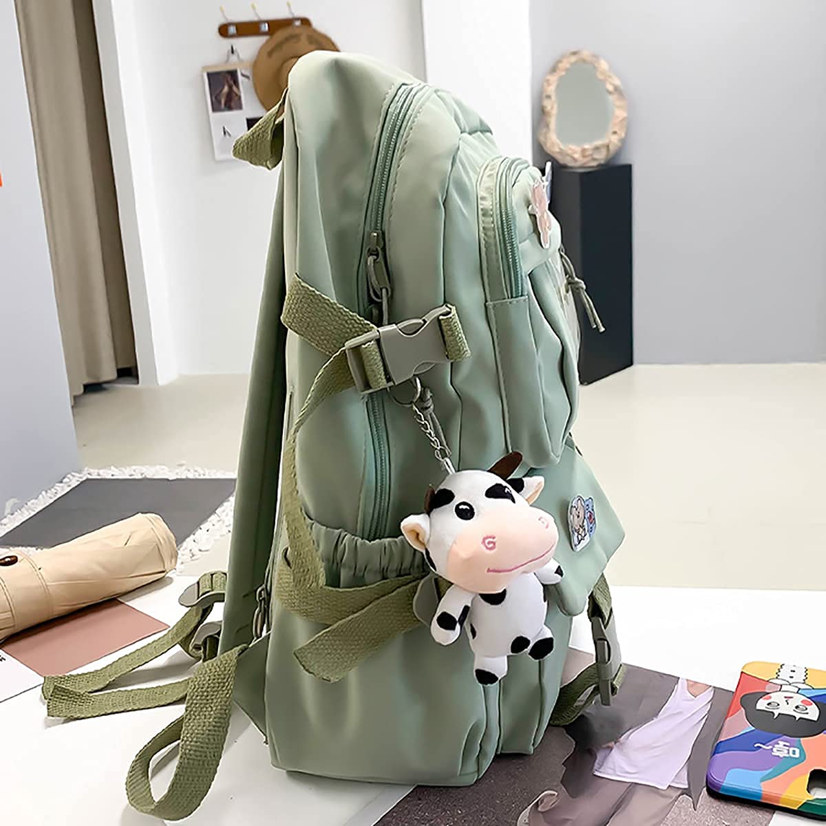 Cute Kawaii Aesthetic Backpack with Badge Pins & Keychain Pendant - Lightweight Travel Backpack for School, College, Work & Daily Commute