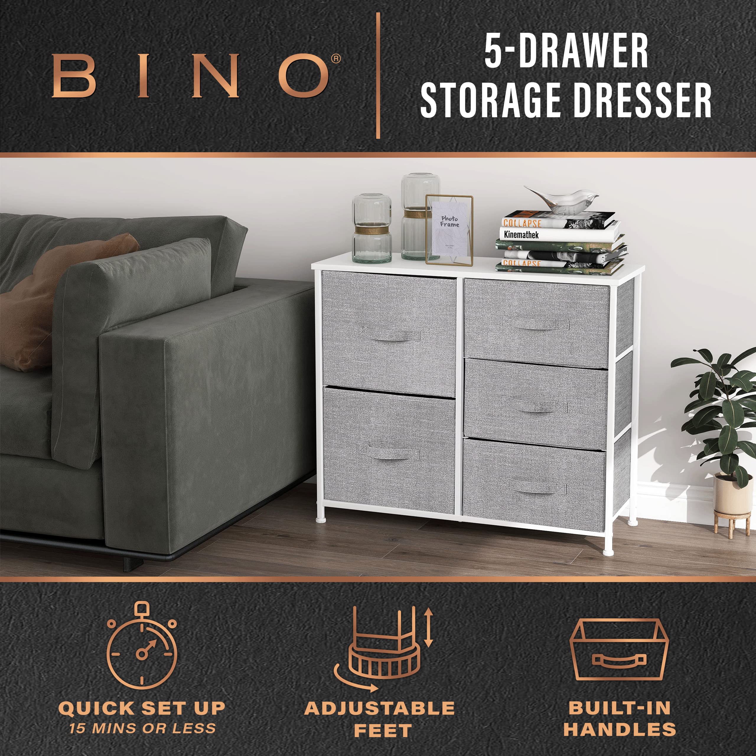 BINO 5-Drawer Fabric Dresser Organizer, Light Grey - Closet Storage Organizer Unit with Removable Drawers | Space-Saving Dresser Tower for Bedroom, Nursery, Hallway & Entryway | Foldable Clothing Storage Furniture for Home Organization