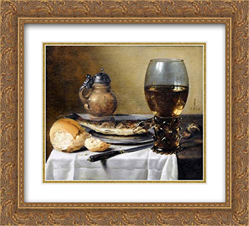 Pieter Claesz Still Life Painting Print - Jug, Wine Glass, Herring & Bread in 22x20 Gold Ornate Frame with Double Mat | Classic Dutch Art for Dining Room, Kitchen Decor & Art Collectors