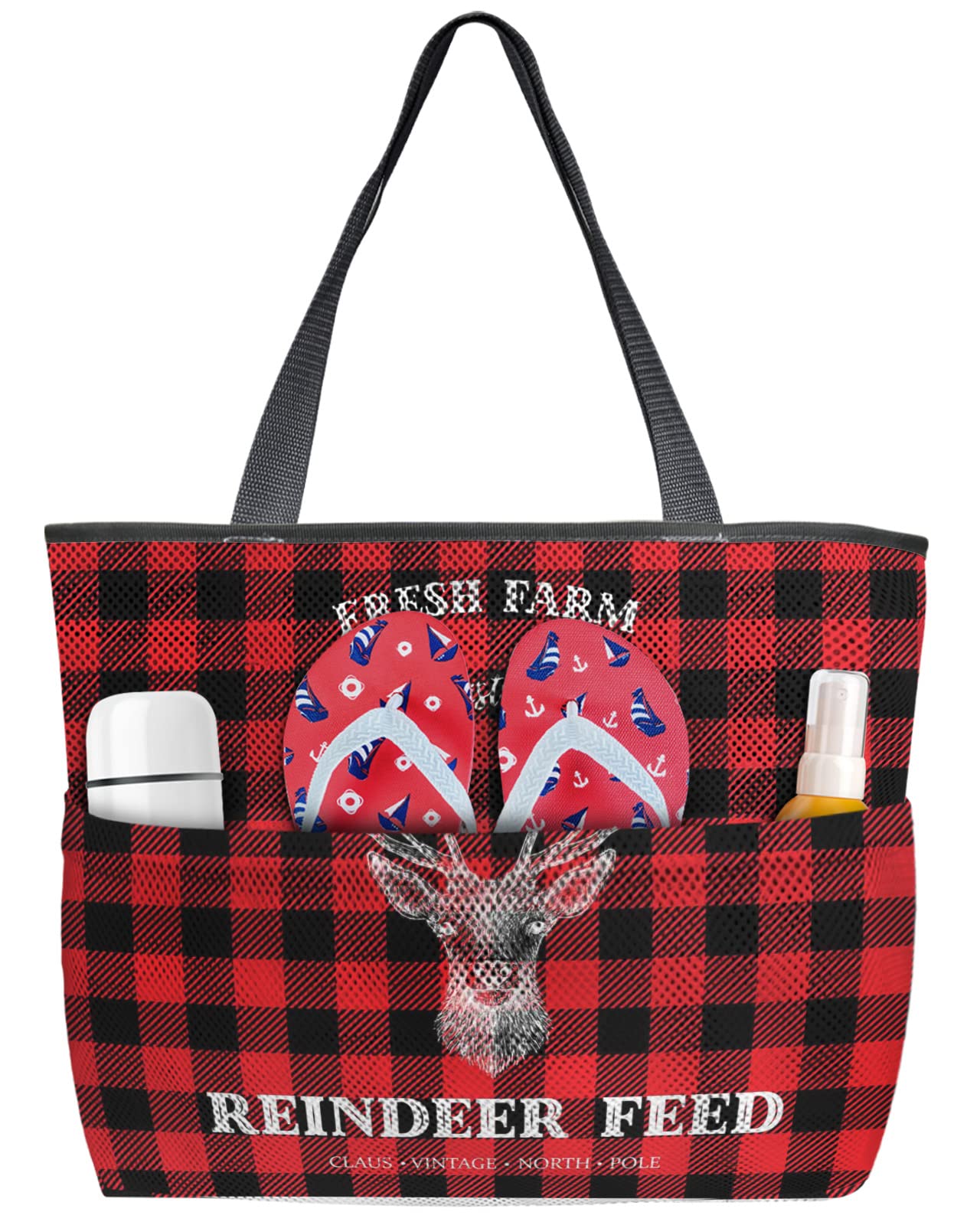 Red Elk Head Farm Christmas Reindeer Feed Beach Tote Bag for Women - Waterproof & Sandproof Black Red Plaid Mesh Beach Bag with Zipper & Pockets, Large Outdoor Picnic Swim Pool Handbag | Perfect for Beach Trips, Pool Parties & Summer Vacations