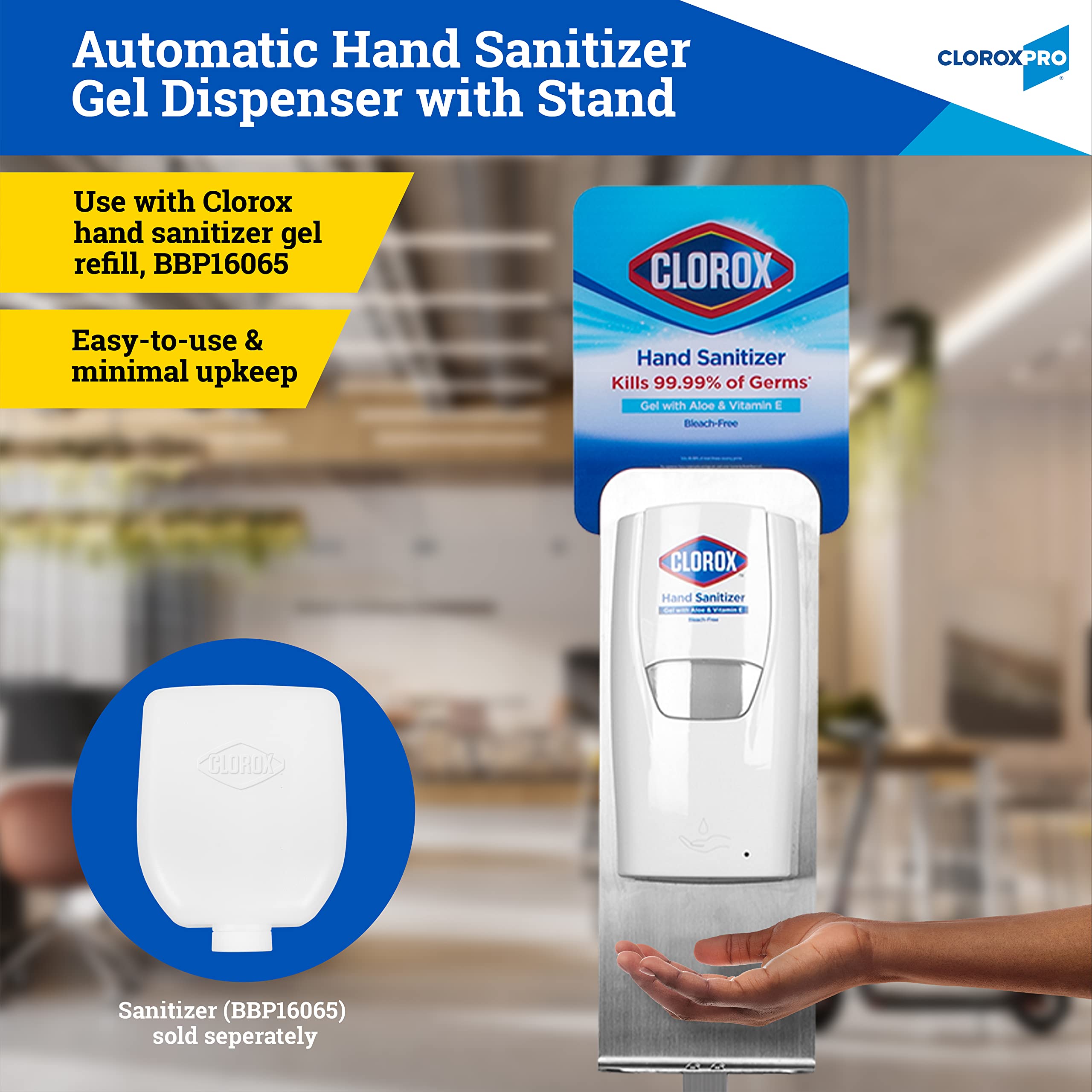 Clorox Pro Hand Sanitizer Gel Dispenser with Floor Stand - 1000mL Alcohol-Based Sanitizing Gel, Kills 99.999% Germs, Bleach-Free - Ideal for Offices, Schools, Hospitals & Commercial Spaces - Touchless Hygiene Solution for High-Traffic Areas