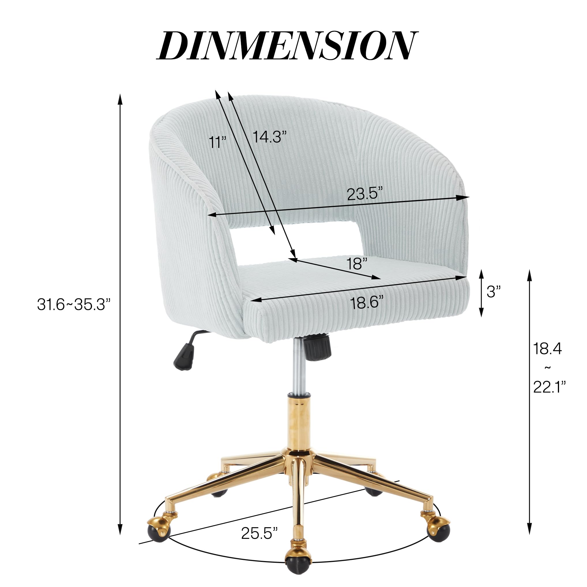 Ergonomic Swivel Office Chair with Corduroy Fabric & Gold Base - Comfortable Tufted Desk Chair for Women, Girls, Home Office, Study & Computer Work - Light Blue Accent Armchair for Living Room & Workspace