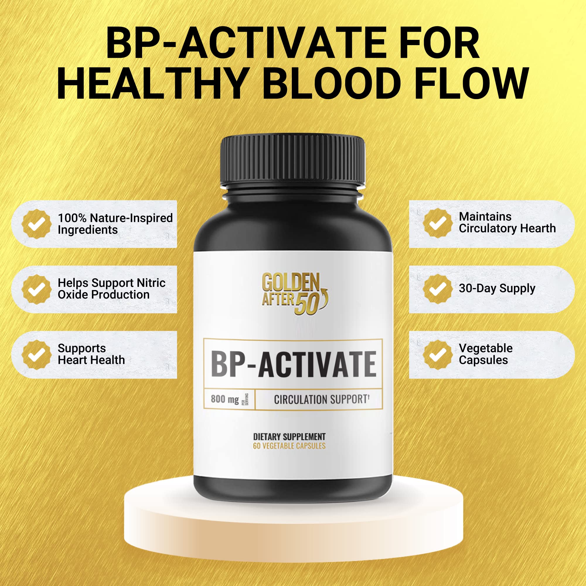 Golden After 50 BP-Activate - Nitric Oxide Booster Supplement with L-Arginine, AAKG & L-Citrulline (800mg) - Supports Heart Health, Blood Circulation & Energy - Essential Amino Acids Formula - 3 Bottles (90-Day Supply) - Ideal for Athletes, Seniors & Active Lifestyles