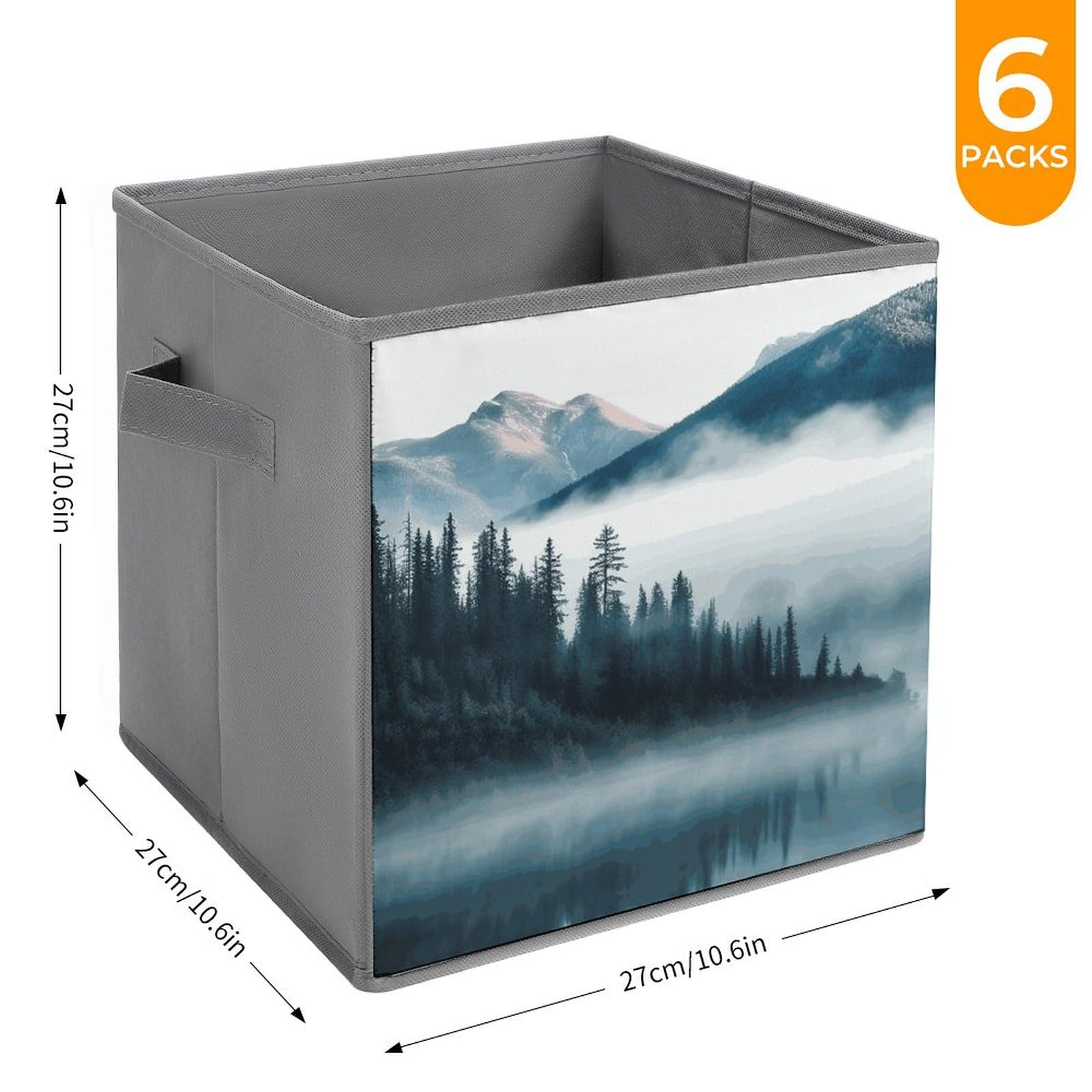 6-Piece Collapsible Storage Bins with Handles - Foggy Mountains Printed Foldable Organizing Baskets for Home, Office & Closet | Space-Saving Storage Boxes for Shelves, Pantry & Laundry Room Organization